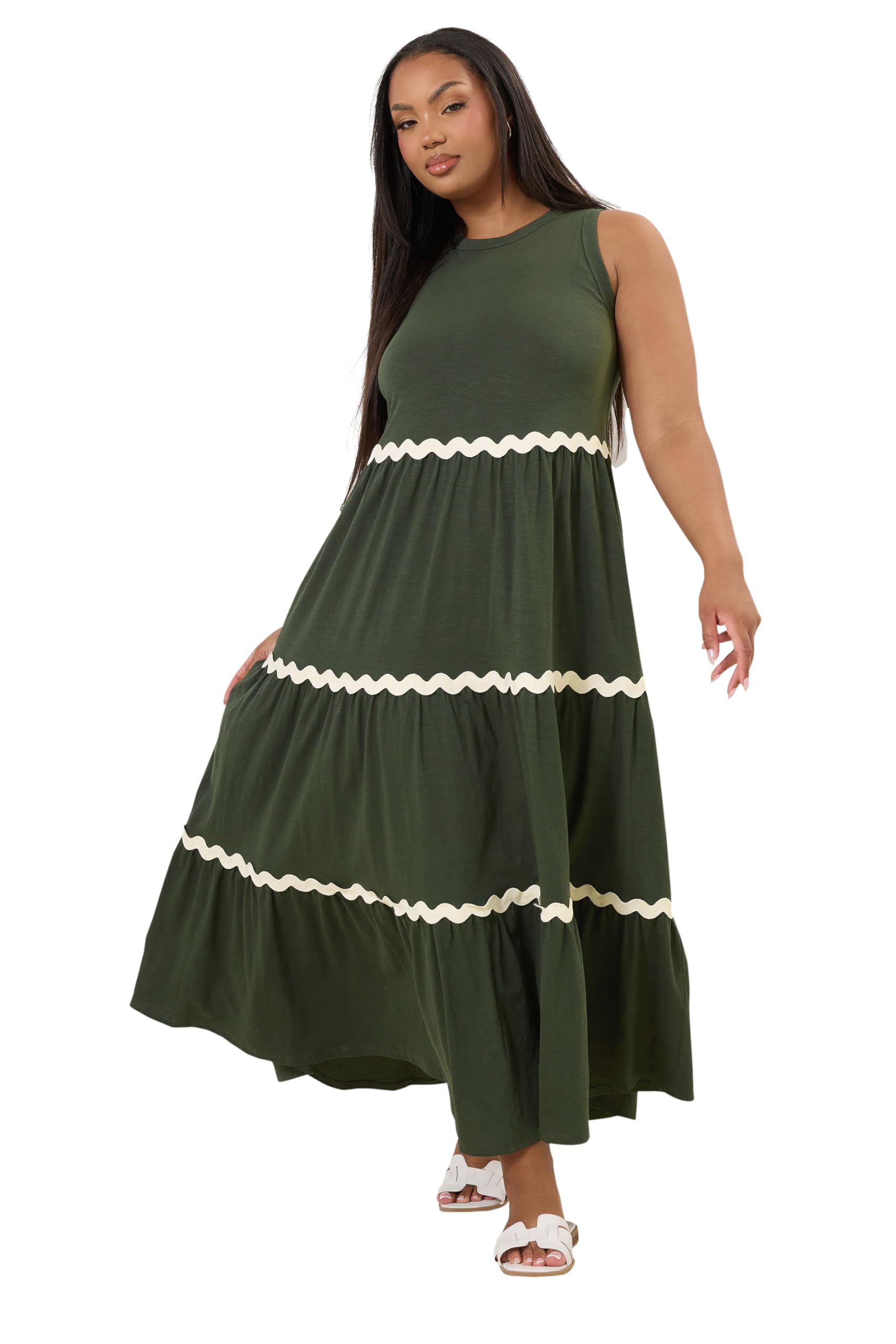 Yours Women's Khaki Curve Green Contrast Swirl Tiered Maxi Dress - Plus Size Curve