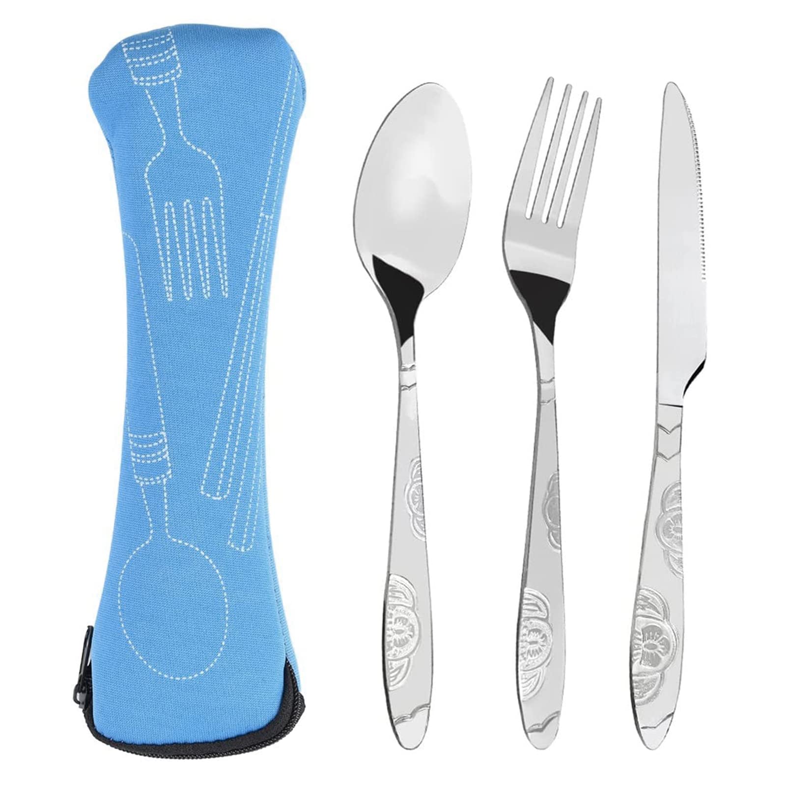 Set Posate Da Viaggio Portatile In Acciaio Inox – Con Custodia Blu E Manico Floreale – Perfetto Per Pic Nic E Ufficio