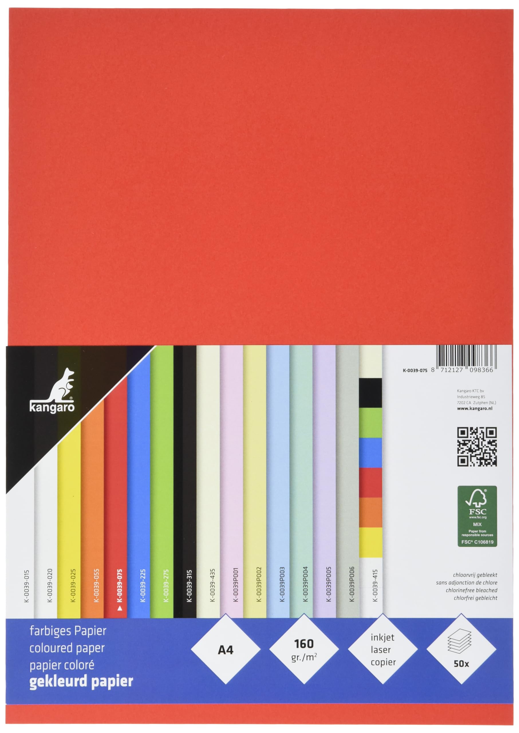 kangaro - Papier kolorowy czerwony DIN A4-160 g/m² FSC mix – 50 sztuk – papier listowy DIY, K-0039-075, 29,7 x 21 x 1