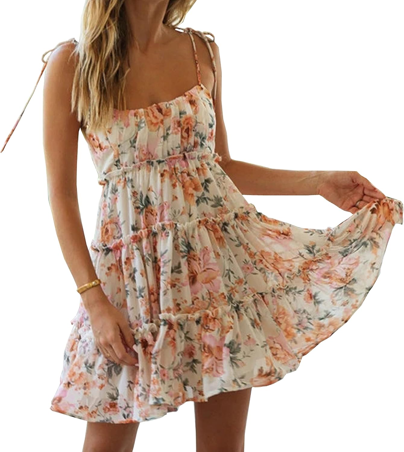 kinstell Women's Boho Spaghetti Strap Ruffle Square Neck Bowknot Backless Sleeveless Elegant Flowy Mini Short Skater Dresses