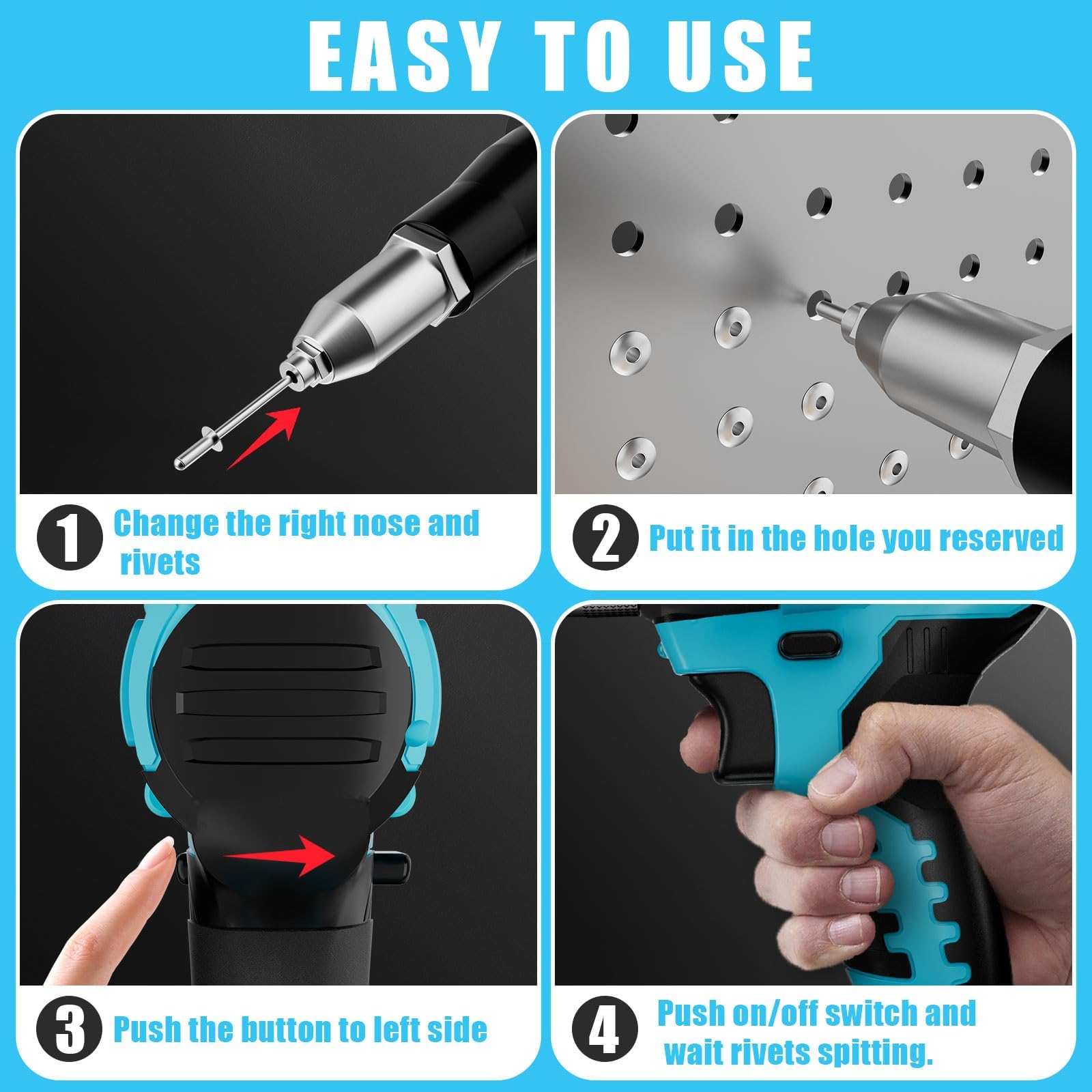 Ecarke Riveteuse sans fil pour Batterie Makita 18V Li-Ion, Brushless Motor avec 20 Rivets en Trois Tailles (3,2/4,0/4,8 mm) & Lumière LED, Idéale pour les Chantiers, Bricolage etc (Sans Batterie)