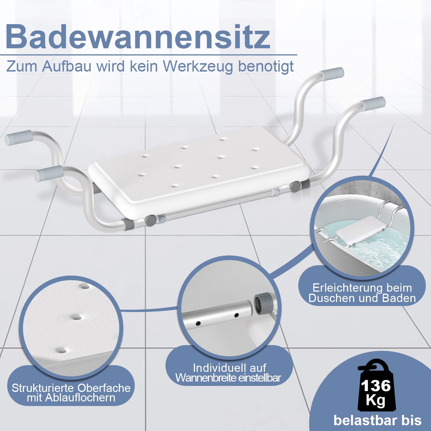 Asiento de bañera ajustable para todos los tamaños, tabla de baño, taburete de baño, tabla de asiento, aluminio, antideslizante y capacidad de carga de hasta 136 kg
