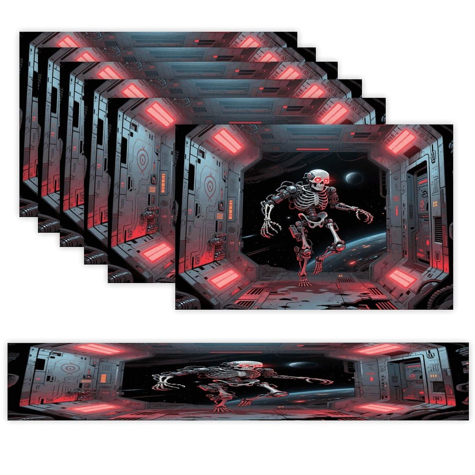 Skull Placemats Set of 7 Exquisite Linen Table Mat Seven Piece Set Includes 13"x71" Fashion Table Runner and 12"x18" Place Mat Decor for Kitchen Dining Room