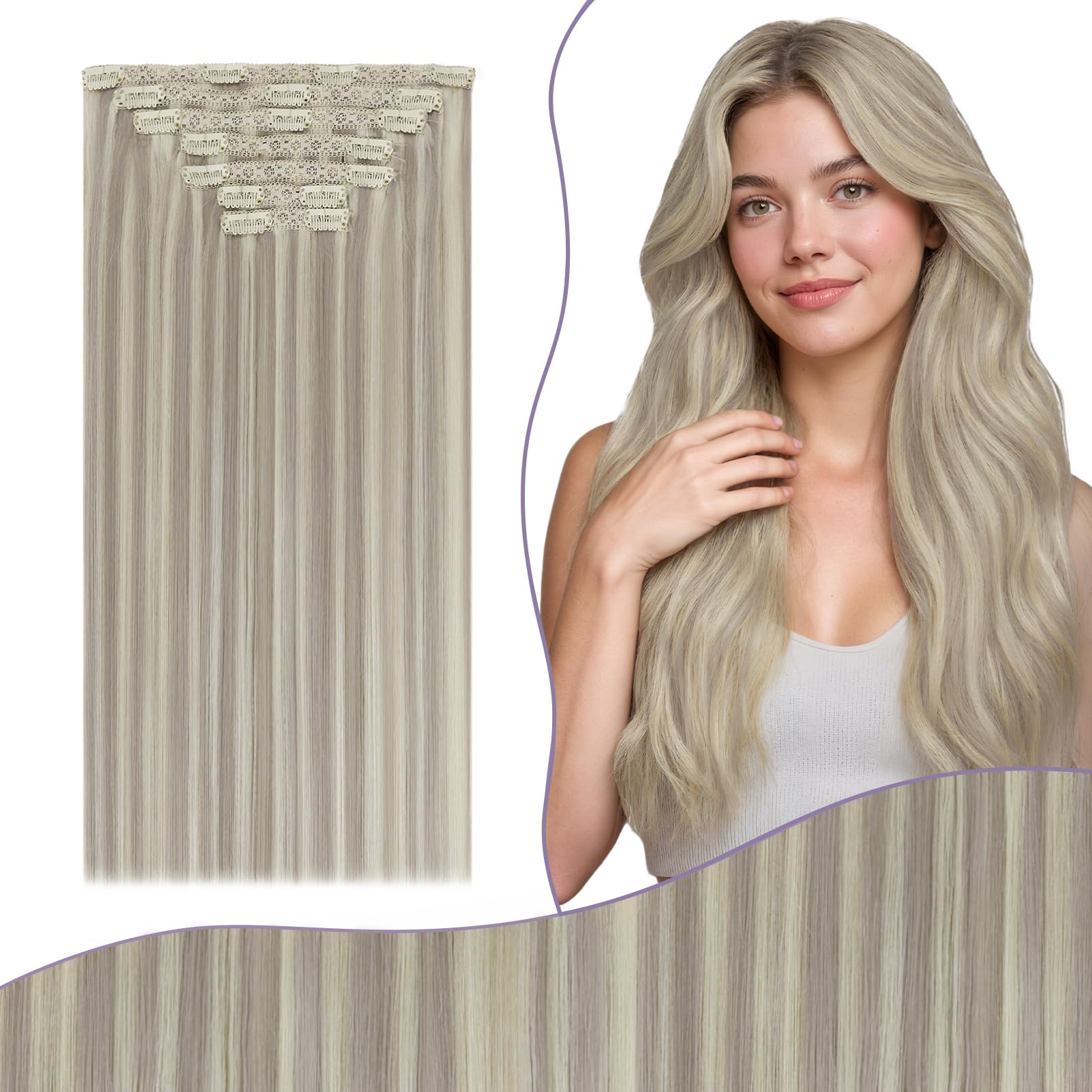 Fshine Clip Extensiones Humano 22 Pulgadas 55CM 120g Extensiones de Pelo Rubio Blanco Remy Hair Clip in Extensiones 7 Piezas Color 60 Extensiones de Cabello Natural Color 60 — view 48