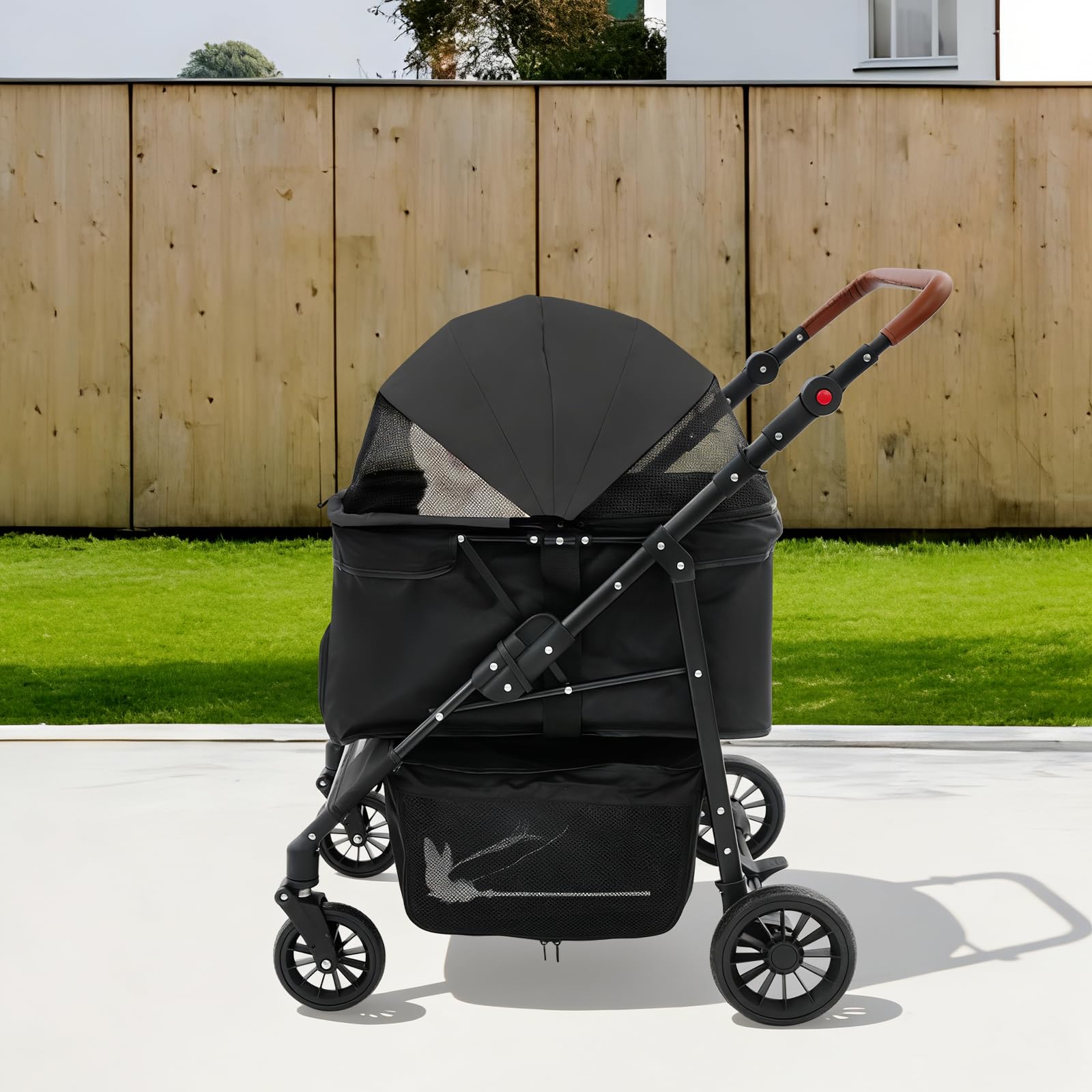 Passeggino Pieghevole a 2 Piani per Animali Domestici per Cani e Gatti in Acciaio al Carbonio & Tessuto Oxford Nero Moderno Carico Max 15kg Ideale per Passeggiate, Visite al Parco ed Escursioni