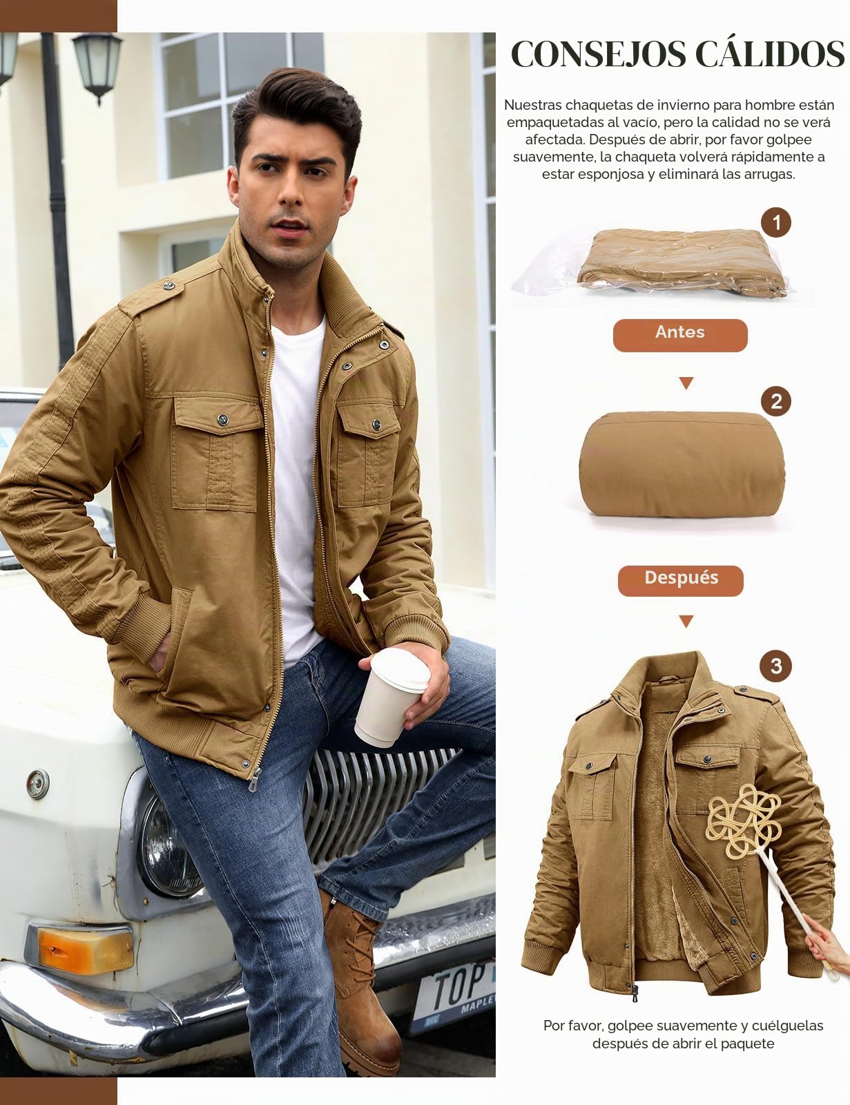 Chaqueta Hombre Invierno Casual Cálido Chaqueta de Forro Polar Algodón Chaqueta de Militar de Transición Abrigo con Múltiples Bolsillos