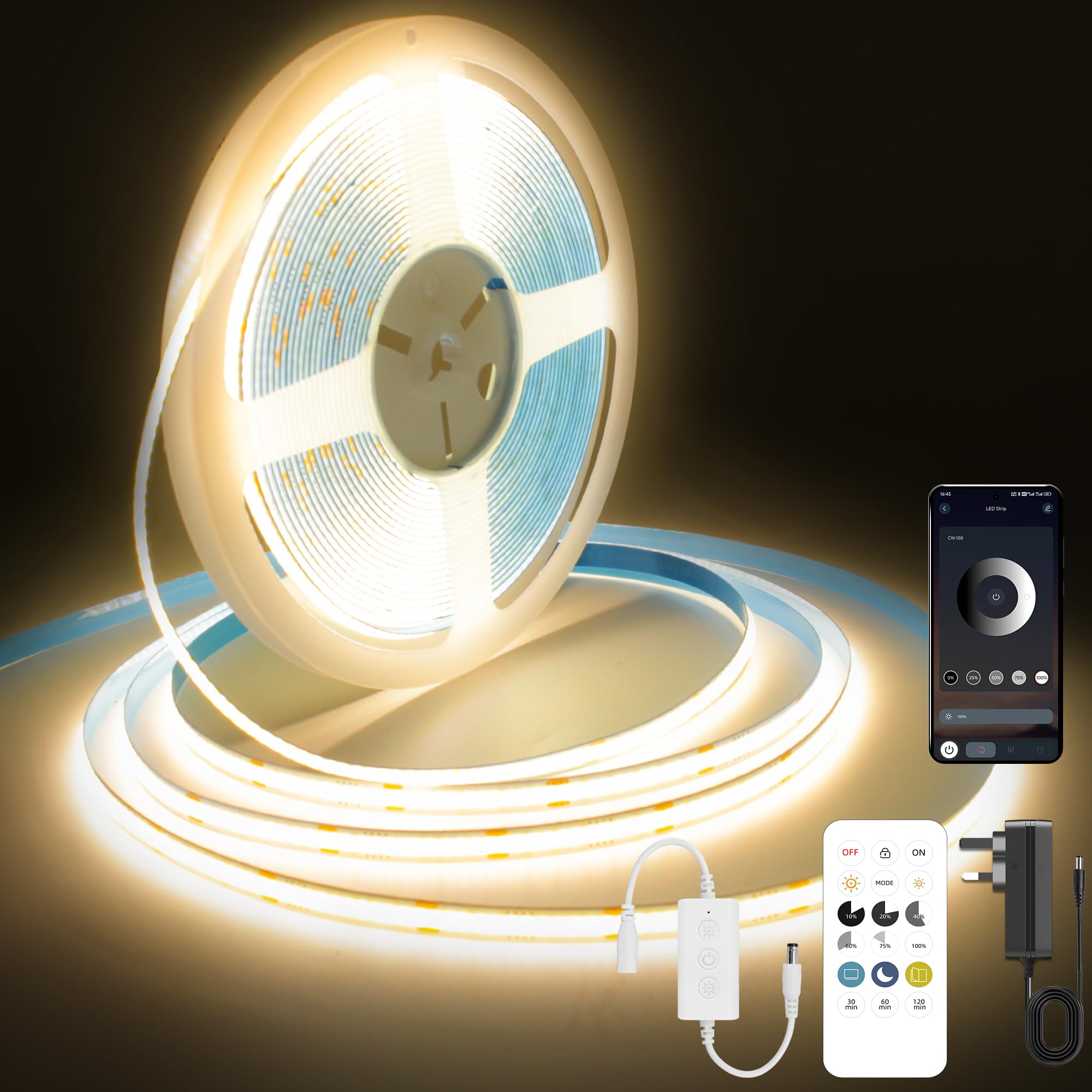 FUIQI COB LED Strip Light 7.5M,24V Dimmable Dotless LED Strip with App and Remote dimmable,Warm White 3000K,8mm Wide,CRI>90,cutable Strip Lights with Power Supply for Bedroom,Kitchen,cabinets