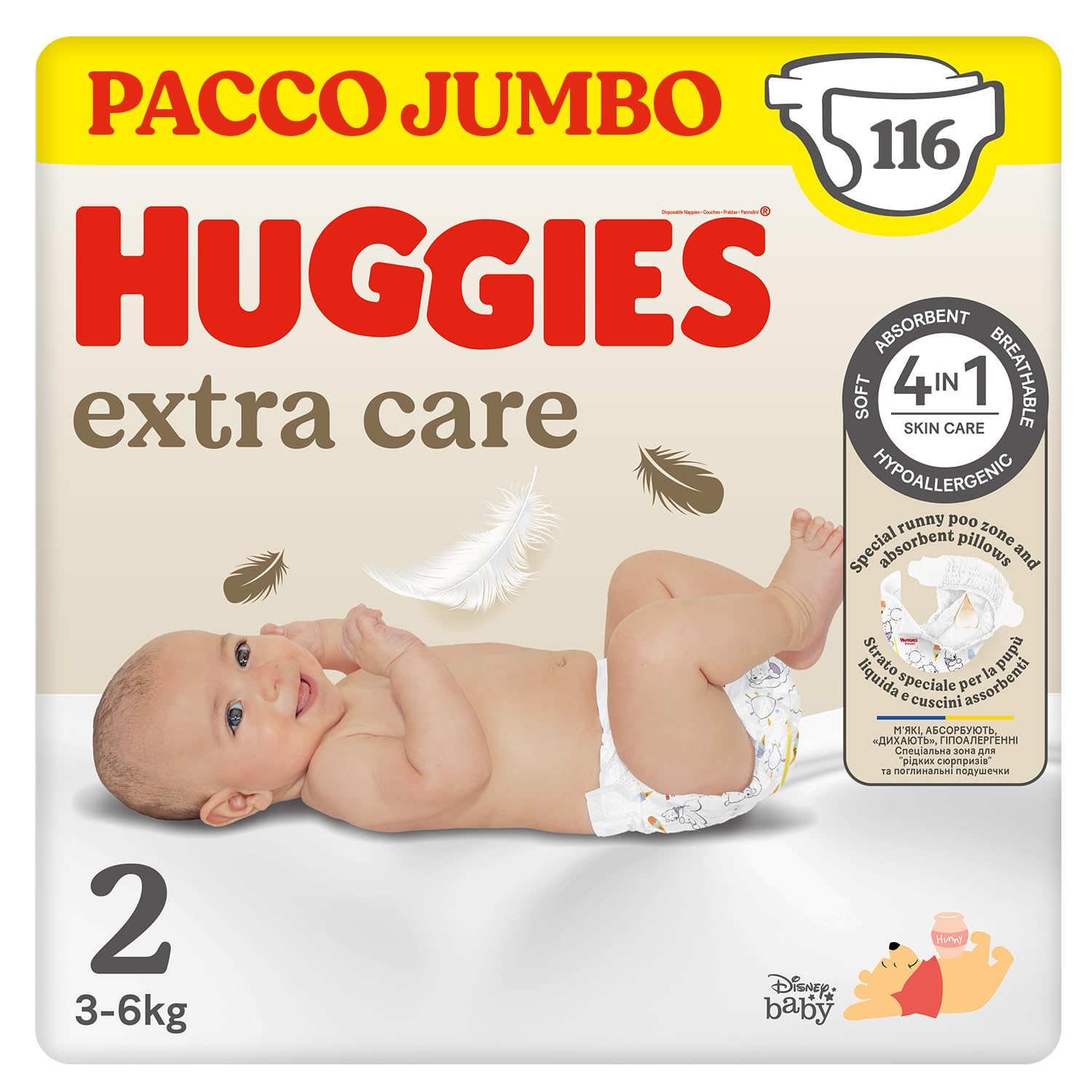 Huggies Extra Care, Pannolini Taglia 2 (3-6Kg), Ultra assorbente, Pacco Jumbo, 116 Pz