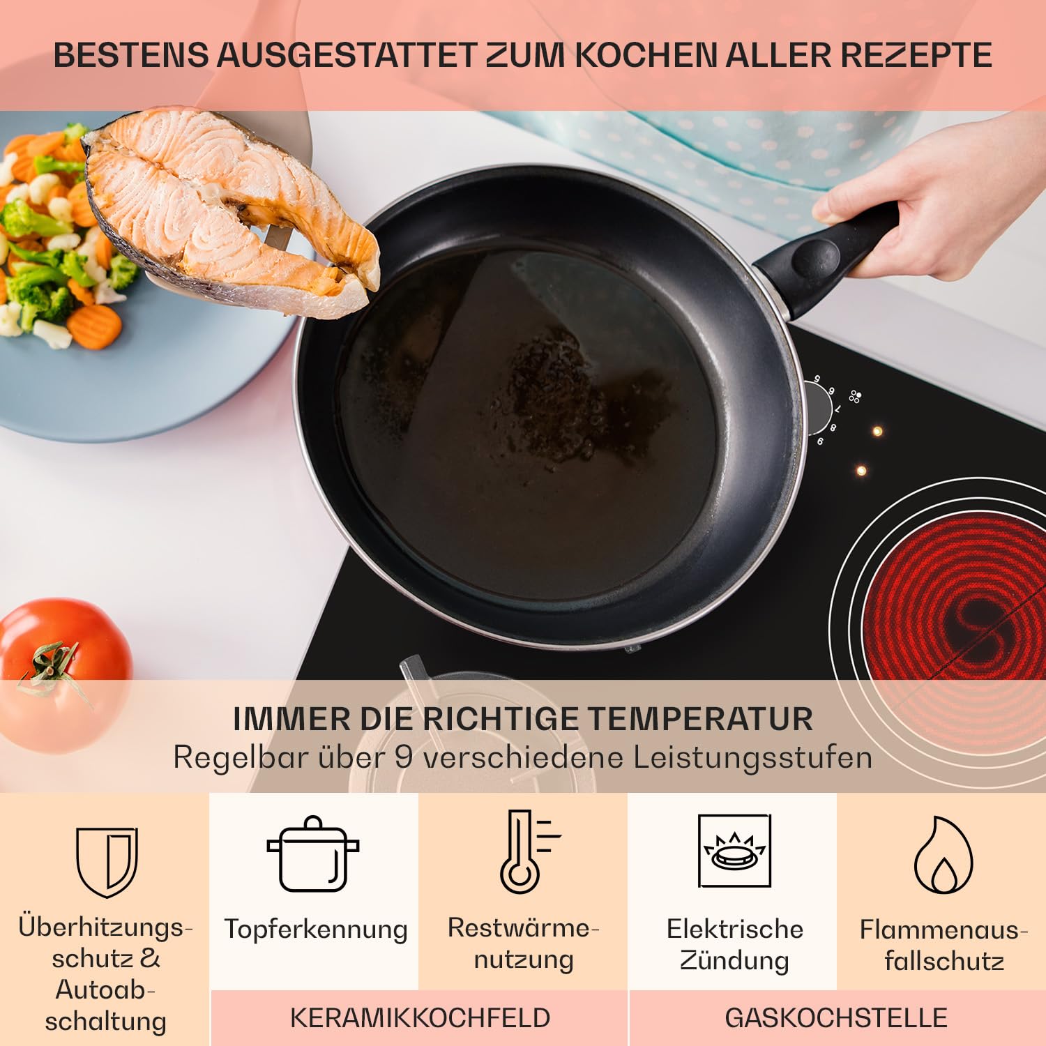 Klarstein Gaskocher 2-Flammig und 2 Glaskeramik Kochfeld, 6,4 kW Einbau-Gaskocher für Innenbereich, für Wohnmobil, 2-Flammiger Moderner Einbau Gasherd, Gas Herd