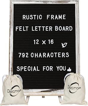 Felt Letter Board with Rustic Vintage Frame and Stand 12x16 inch,Black Changeable Letter and Message Board Includes 792 Letters,Numbers and Symbols, Hook to Hang,2 Canvas Bags