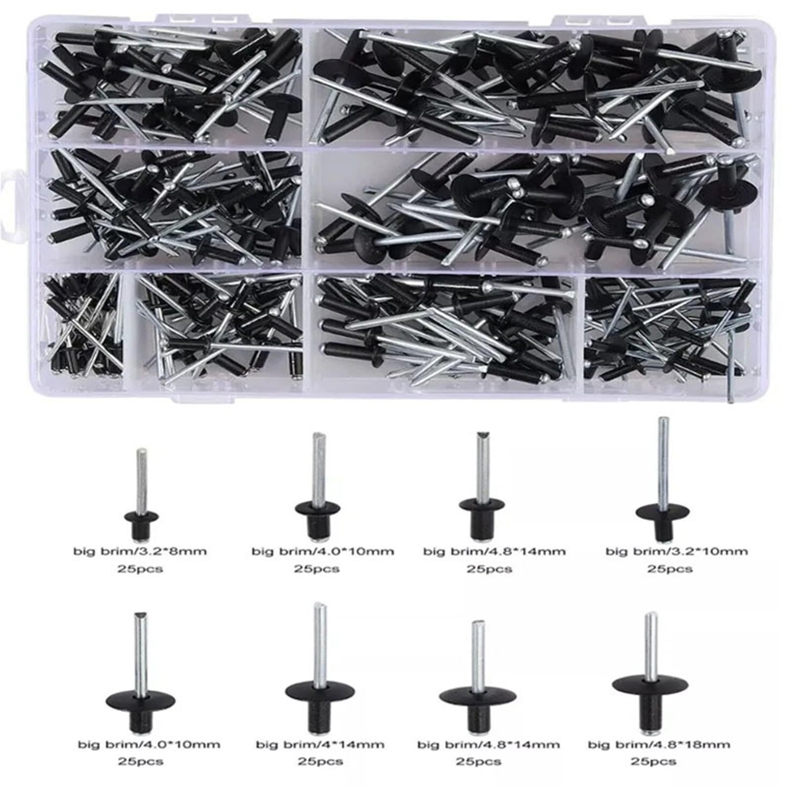 Nieten, 200 Stück, 8–18 mm, schwarz, Aluminium, Pilzkopf, Pop-Nietensortiment, Set für Möbeldekoration