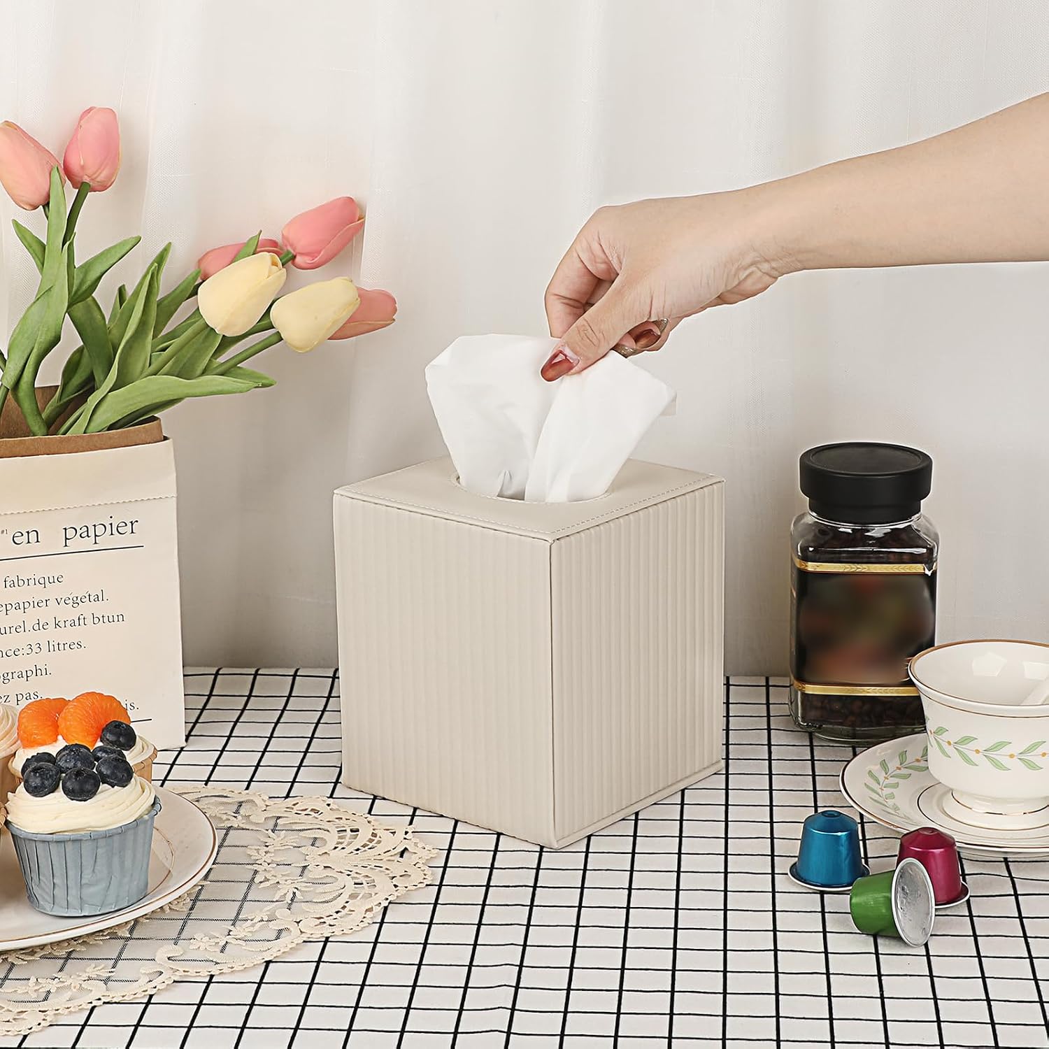 KoKone Modern PU Leather Tissue Box Cover Square Tissue Holder Case