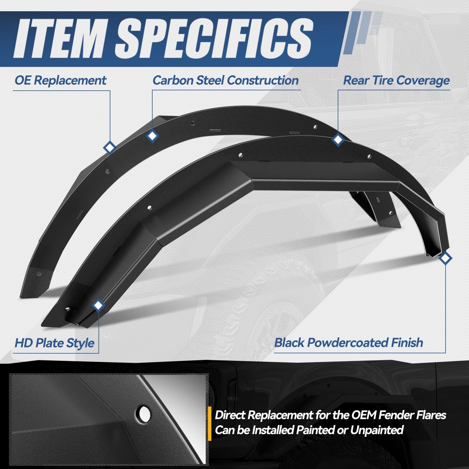 Auto Dynasty Pair of Rear Fender Flares Compatible with 2021-2024 Ford Bronco 4Dr, HD Plate Offroad Fender Flares Style, Powdercoated Black