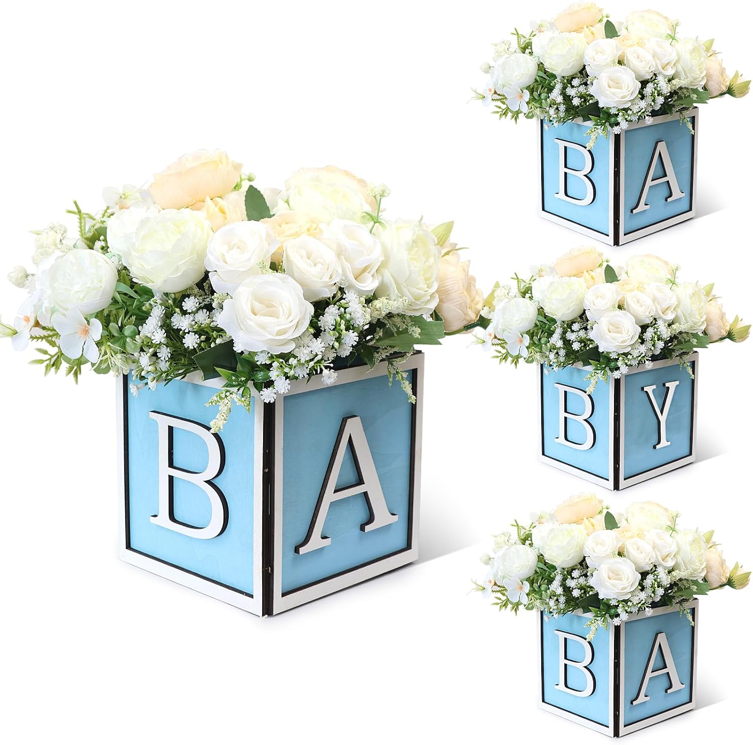 4 Set Baby Shower Centerpieces for Tables - 6 inch Wooden Boxes with Baby Letters Rustic Cube Planter Wood Blocks for Boy Girl Gender Reveal Party Favor (Blue) 4 Sets Blue