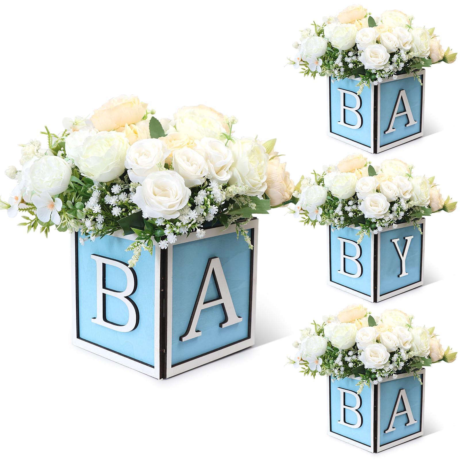 Acmee 4 Set Baby Shower Centerpieces for Tables - 6 inch Wooden Boxes with Baby Letters Rustic Cube Planter Wood Blocks for Gender Reveal Party Favor