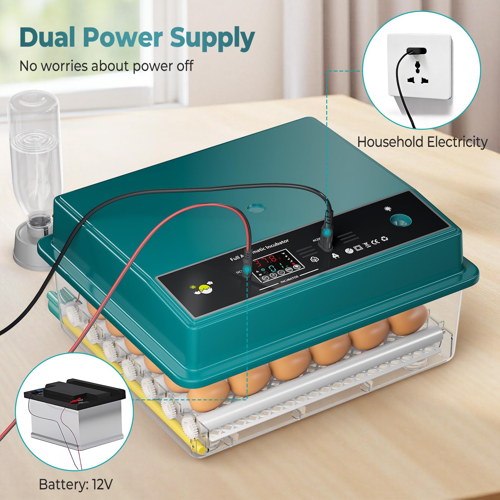 Incubatrice per Uova Automatica, Incubatrice per Uova Automatica 16-64 Uova con Rotazione Automatica delle Uova e Aggiunta di Acqua, Doppia Alimentazione, Controllo della Temperatura, Spia per Uova