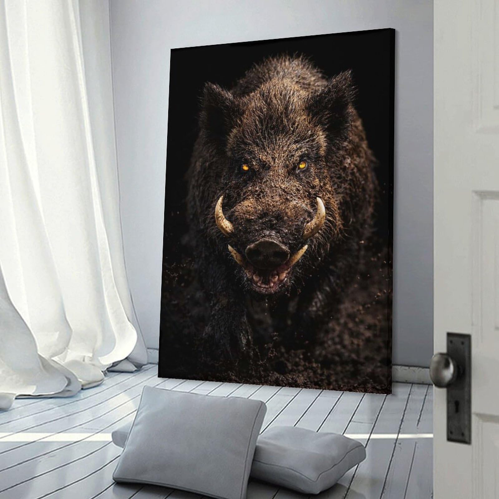 Junmoney Fierce Wild Boar with Glowing Eyes Decorative Canvas Print, 16x24inch(40x60cm), for Home, Office, Studio Or Guest Room, Canvas Wall Art That Fits Changing Layouts