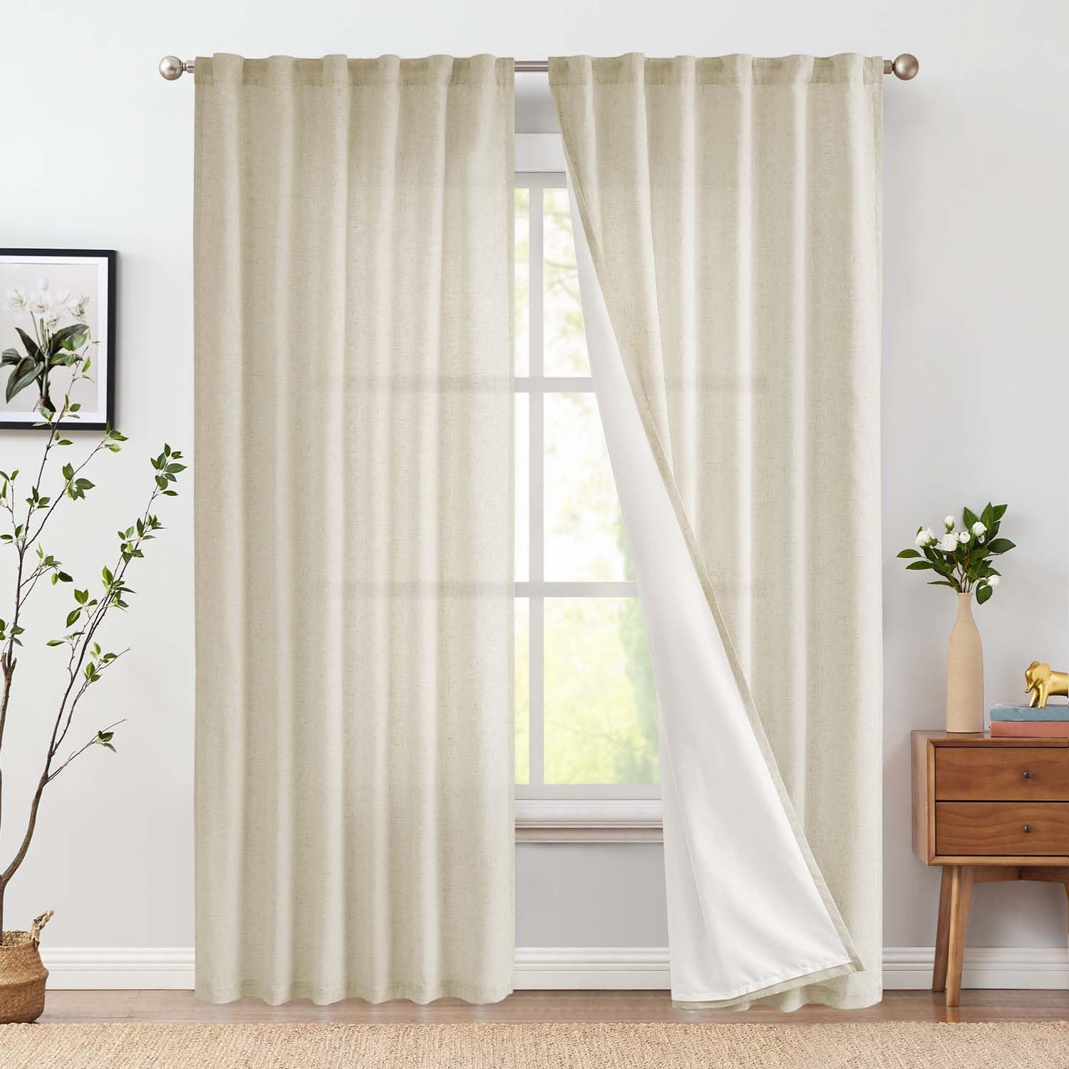 jinchan lined linen curtains privacy back tab 50x84 inch 2 panels oatmeal | light filtering curtains with white privacy liner, cottage core farmhouse curtains for living room, rod pocket 84 inch length 50"w x 84"l (pack of 2) lined oat