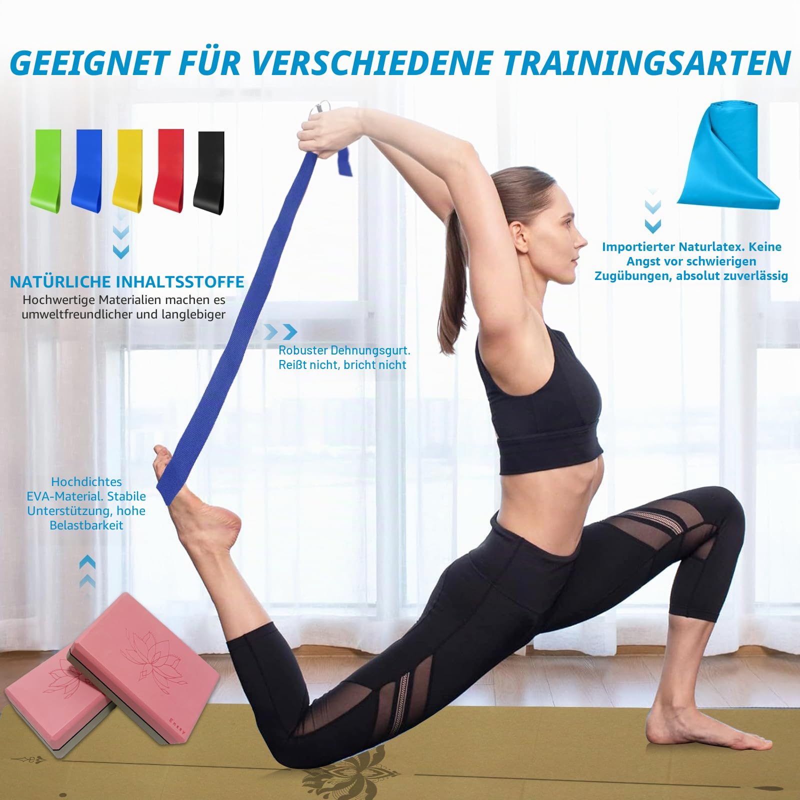 Yoga Matte Strater Set Blöcke Gürtel Springseil Widerstand Band Widerstand Schleife 7-in-1
