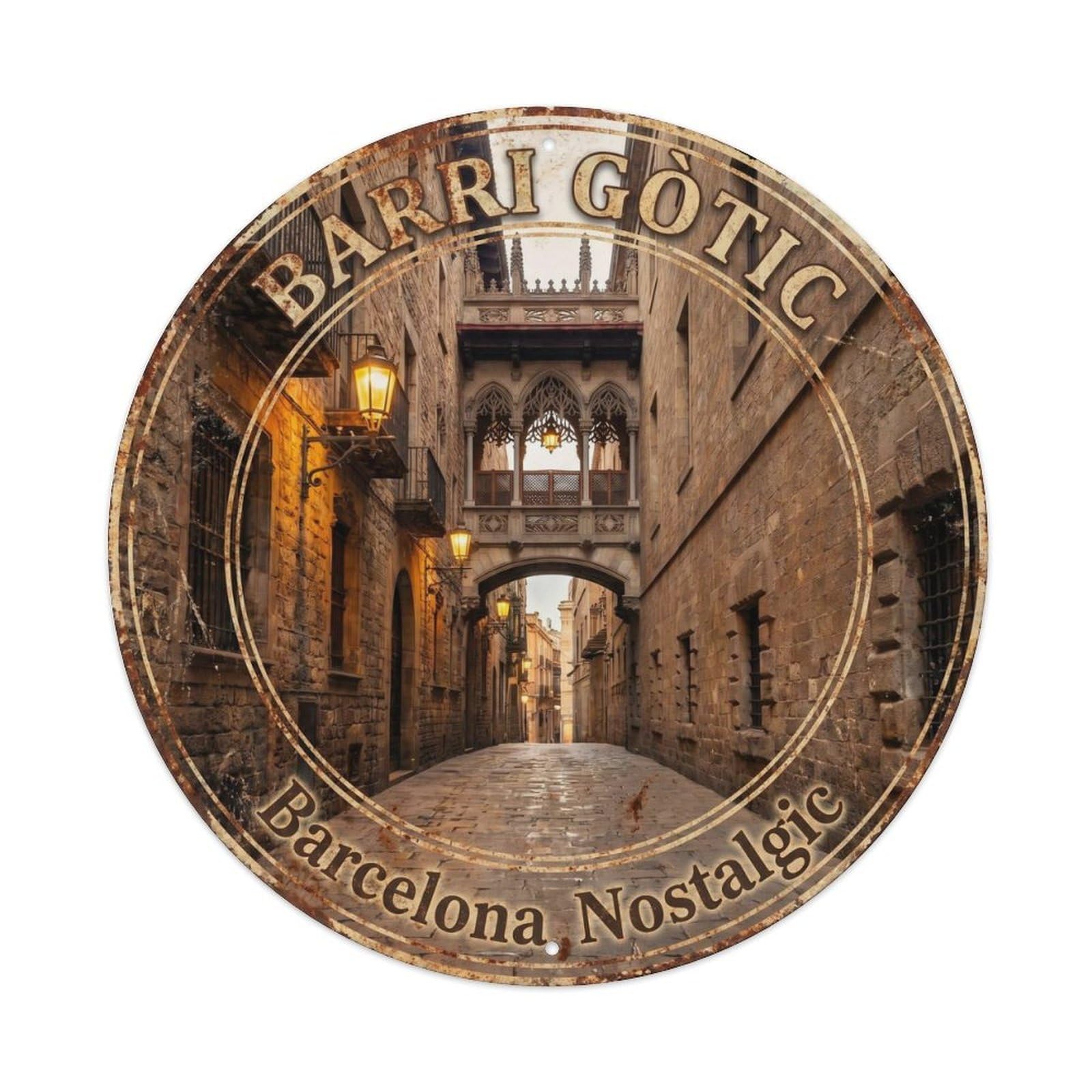 Barcelona Gothic Quarter Vintage Nostalgic Spain Travel Metal Tin Sign Plaque Wall Decor for Cafe, Man Cave, Club Bar, Office, Home Garden Round Metal Poster 8x8Inch