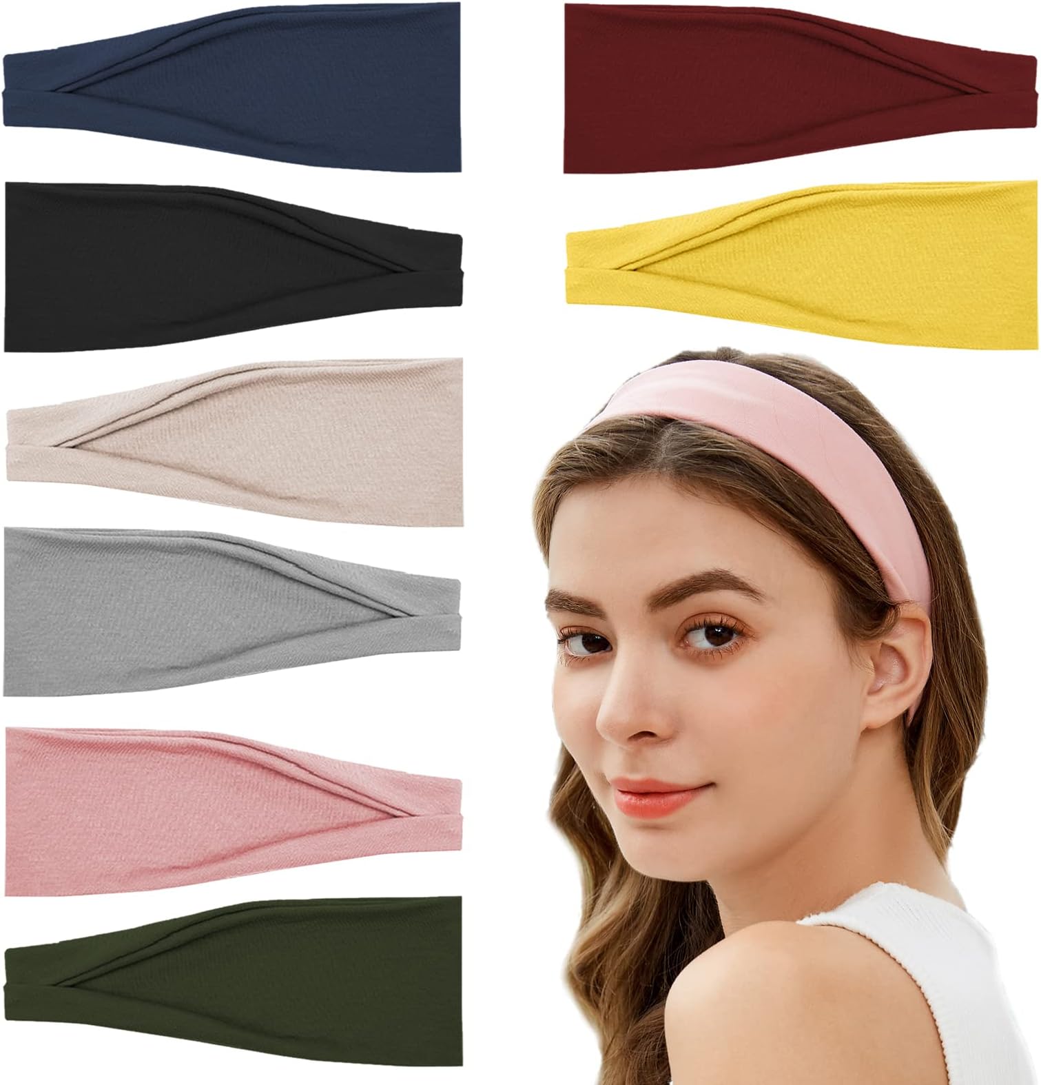8 Pack Headbands for Women Stretchy Hair Head Bands No Slip Fashion Women's Turban Head Wraps Elastic Hair Accessories for Girls Yoga Workout,Solid