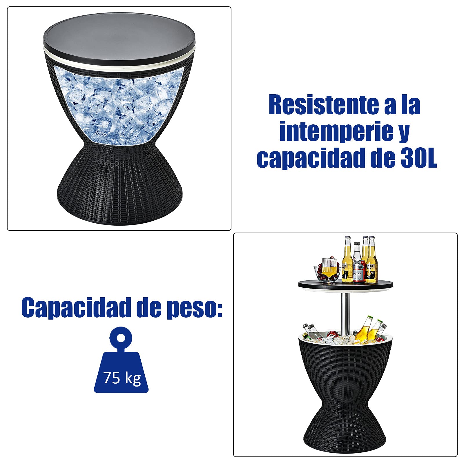 COSTWAY Mesa Nevera para Jardín, Cool Bar Terraza, Mesa Auxiliar con Gancho,Asa,Tapa Extraíble y Orificio de Drenaje para Fiesta, Exterior, Capaciadad de 30 L (Negro)