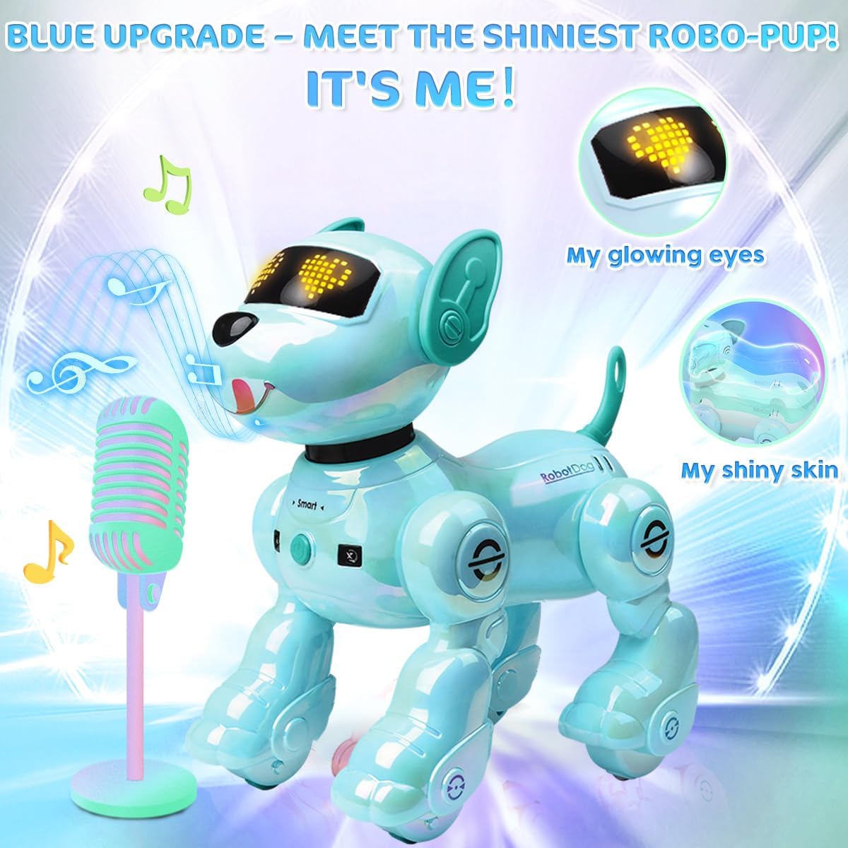 Close-up of the robot dog's head showing glowing eyes and shiny skin