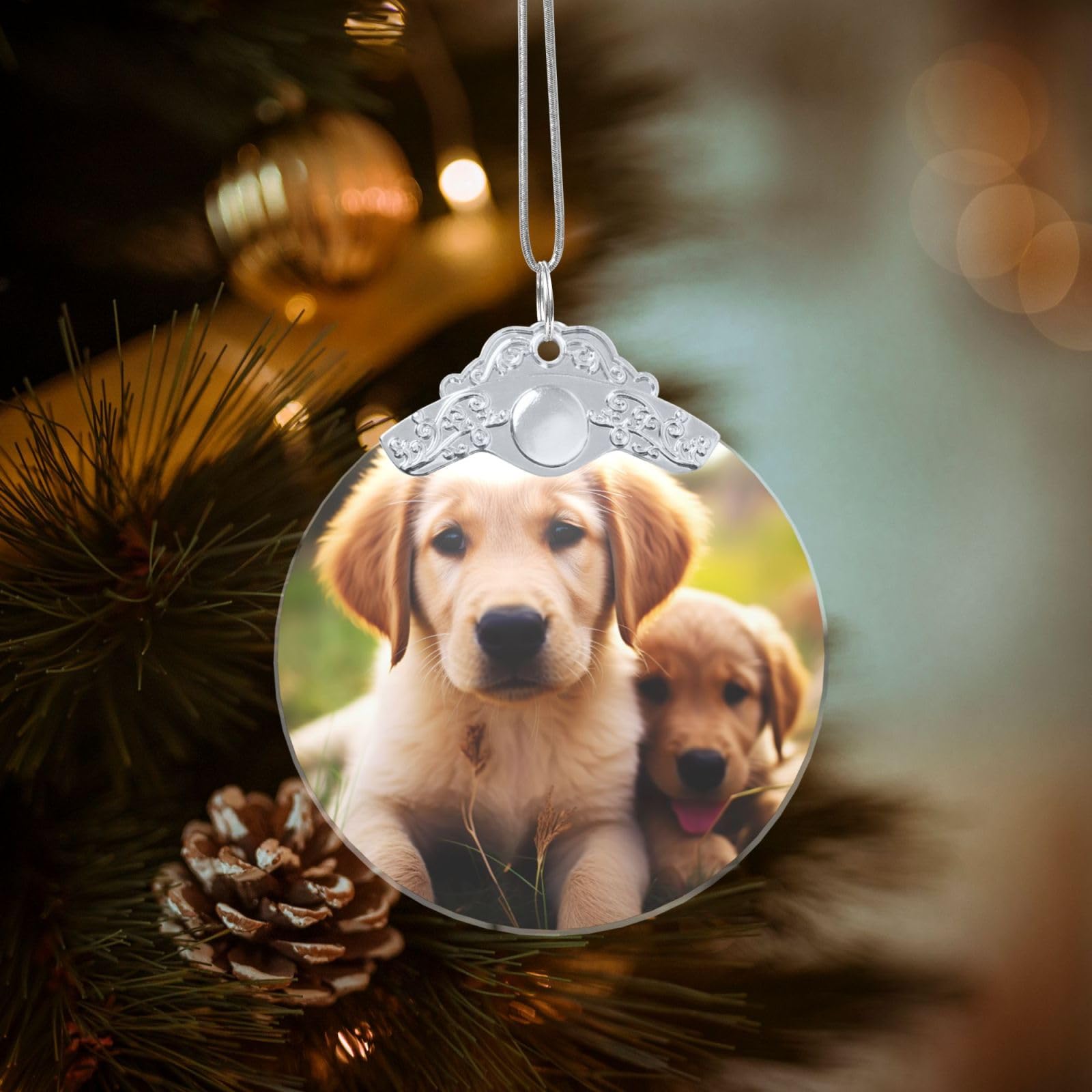 Crystal Christmas Ornaments for Christmas Tree Decoration Hanging Cute Golden Retriever Puppy Ornament with Gold Ribbon Crafts Round Pendant for Keepsake Gifts Glass Xmas Decor Party Supplies
