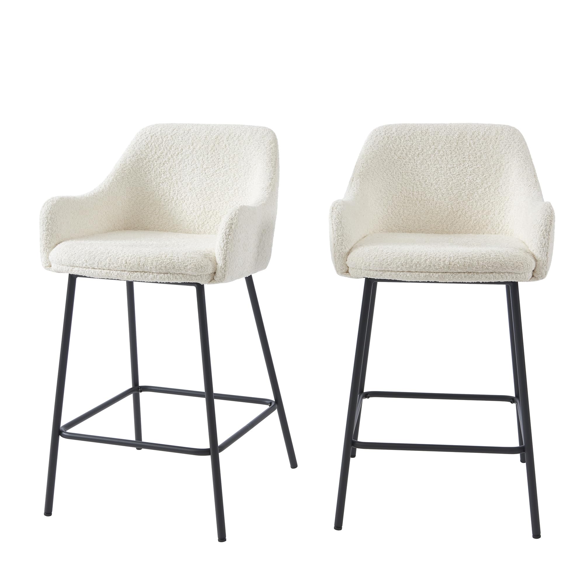 BAÏTA Set di 2 sgabelli da bar NILS in tessuto Bouclette bianco e gambe in metallo nero