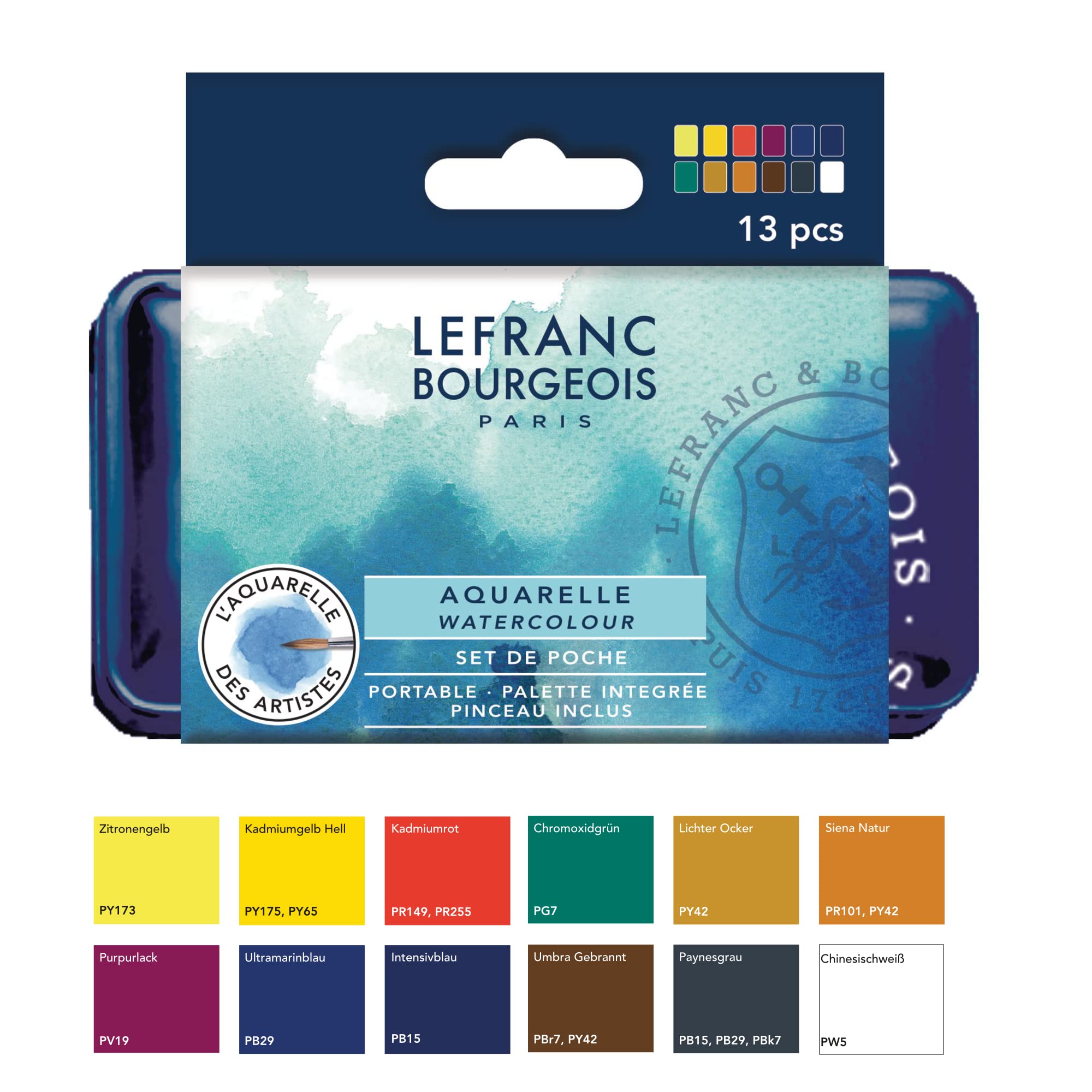Lefranc & Bourgeois Acquarello Fine Set 12 Mezzi Godet, Pennello E Tavolozza, set di colori