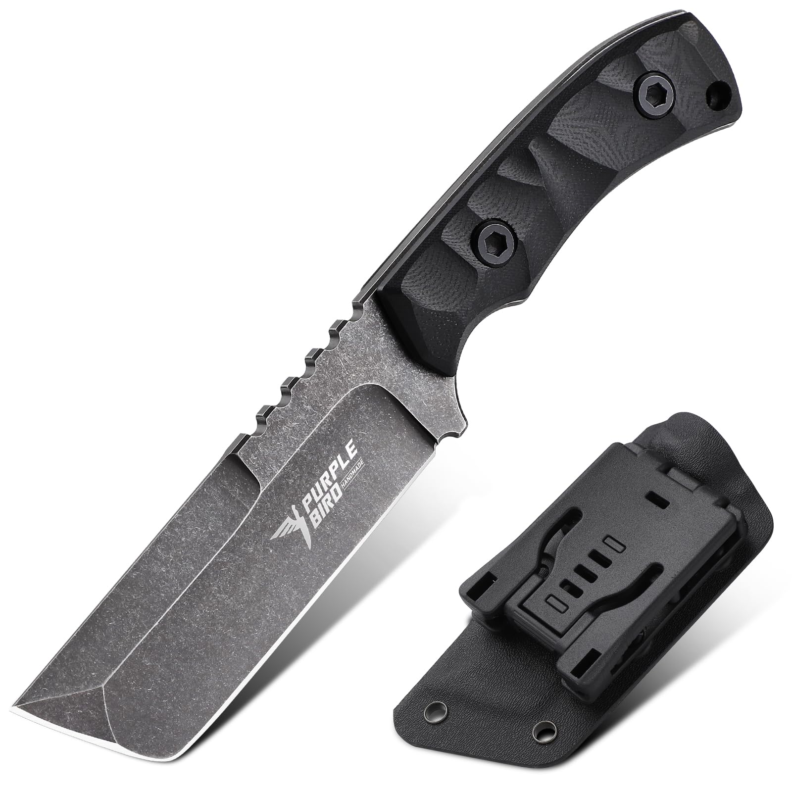 PURPLEBIRD Coltello da Caccia Lama Fissa, Coltello Bushcraft, Coltello EDC Outdoor con Manico in G10, Fondina in Kydex, Coltello Esterno a Lama Intera (Nero)