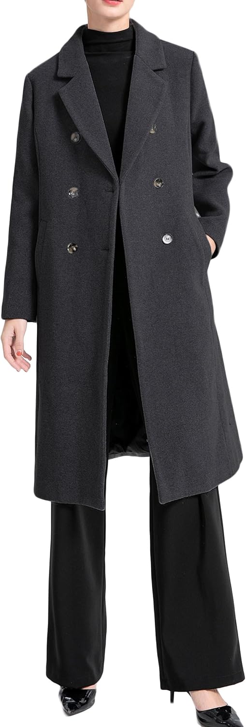 Minibee Women's Wool Trench Coats Warm Winter Pea Coat Double Breasted Mid-Long Overcoat Lapel Jackets