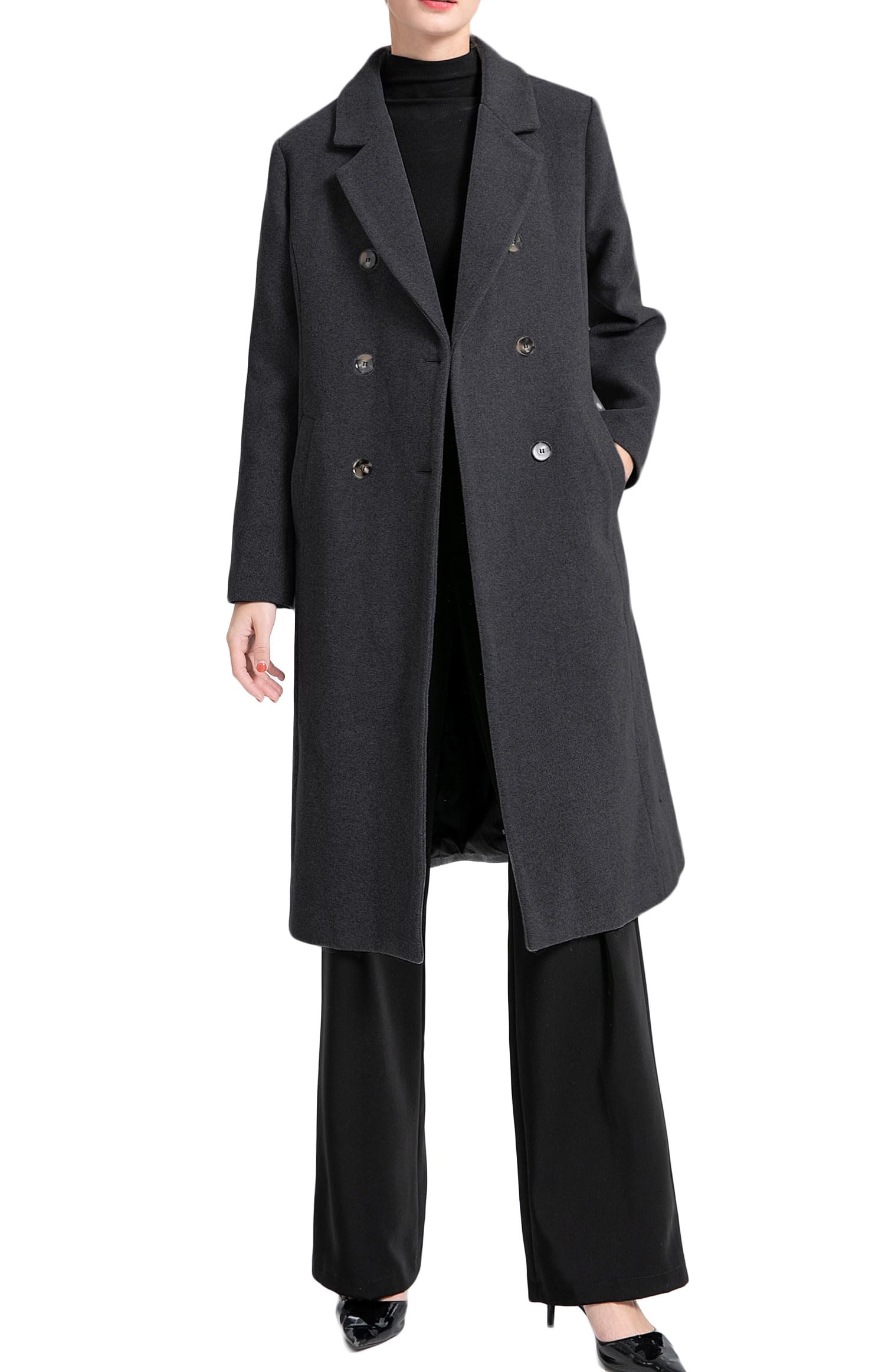 Minibee Womens Wool Trench Coats Warm Winter Pea Coat Double Breasted Mid-Long Overcoat Lapel Jackets