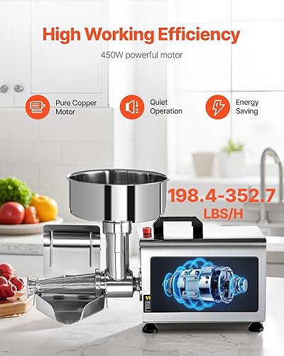 Miniatura 4 de VBENLEM Colador eléctrico de tomate de 110 V, 370 W, fresadora de tomate de grado comercial, prensa y colador de tomate de acero inoxidable,