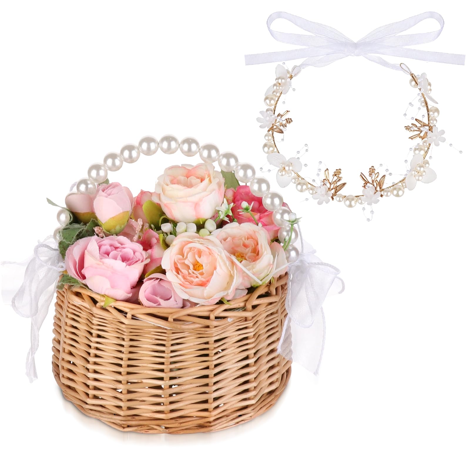 Wedding Flower Girl Basket Handmade Pearl Wicker Basket with Floral Crown Headpiece with Ribbon & Handle for Wedding Party Bridal Shower and Special Occasions
