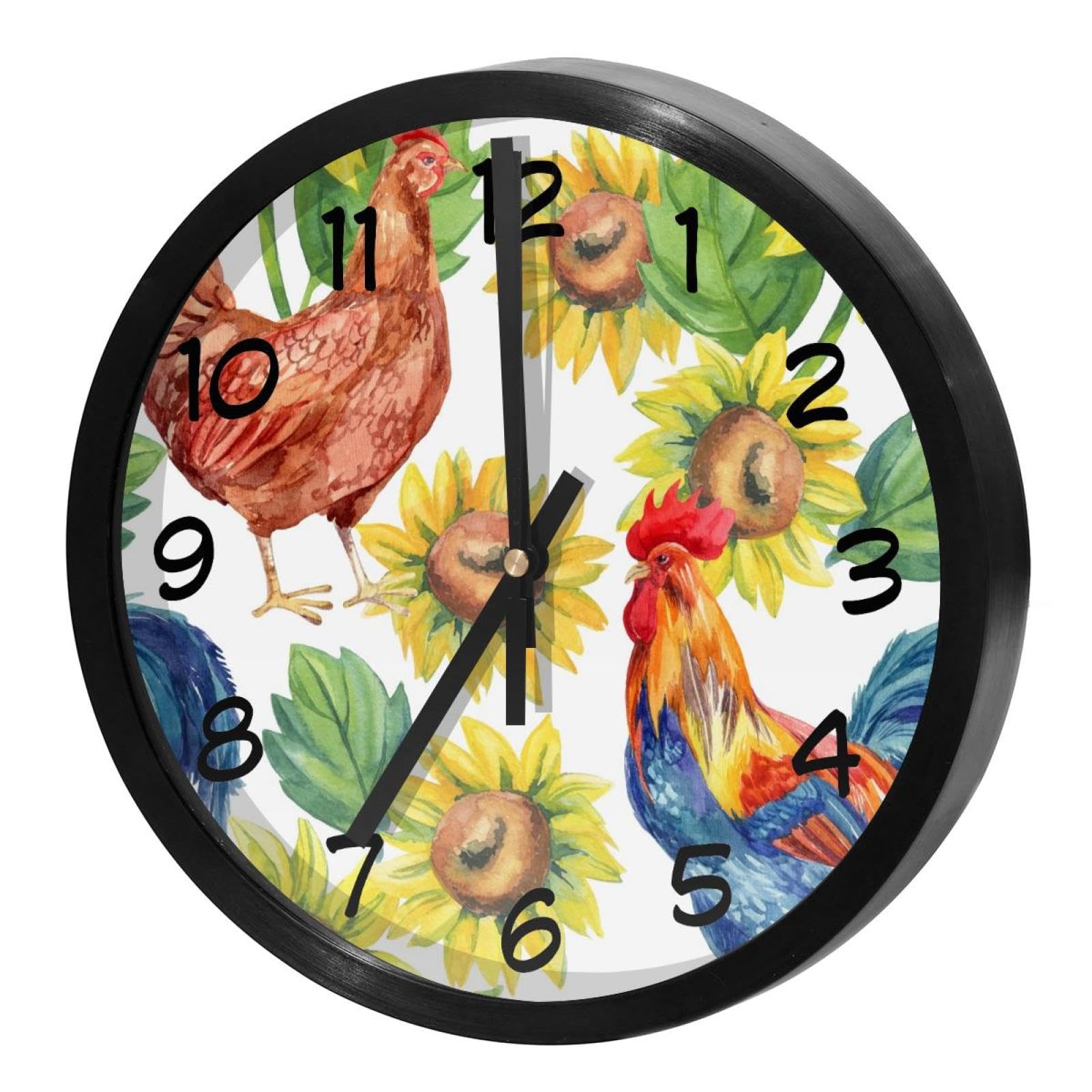 Horloge murale silencieuse à quartz ronde avec motif tournesol et poule pour cuisine
