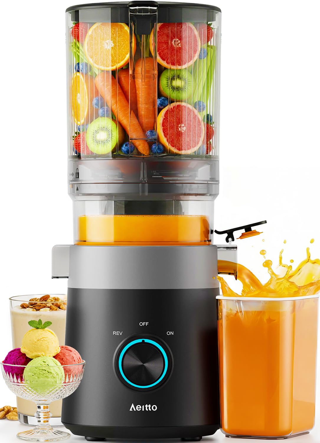 Photo 1 of Aeitto 3-in-1 Juicer Machines With 6.0" Wide Feed Chute for Makes Juice, Sorbet & Nut Milk, Easy to Clean With Filter-Free Design, Masticating Juicer, Large Capacity, Self Feeding System, With Brush
