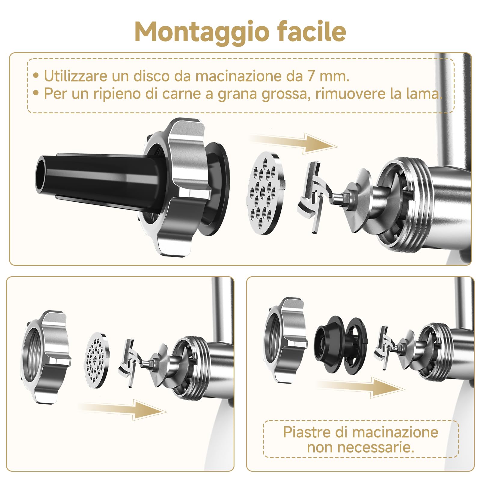 AMZCHEF Tritacarne Elettrico per Casa - con 3 Dischi, Riempisalsicce & Kit Kubbe | Ideale per Carne Macinata, Salsicce & Cucina Domestica