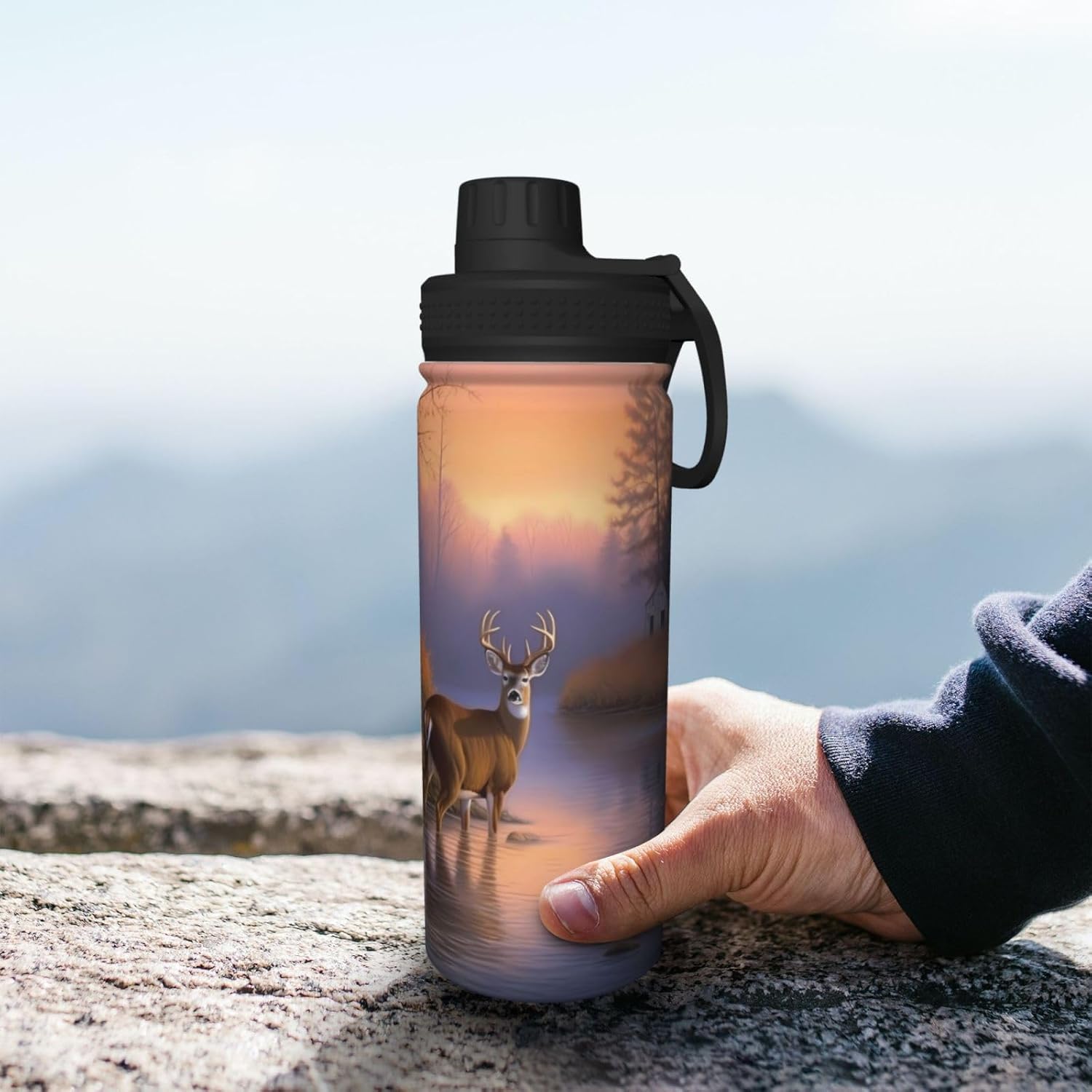 Animal Deer in Autumn Sports Water Bottle 18 Oz, Lake Trees Insulated Stainless Steel Water Jug Fitness, Sport Flask for Outdoor Traveling Hiking