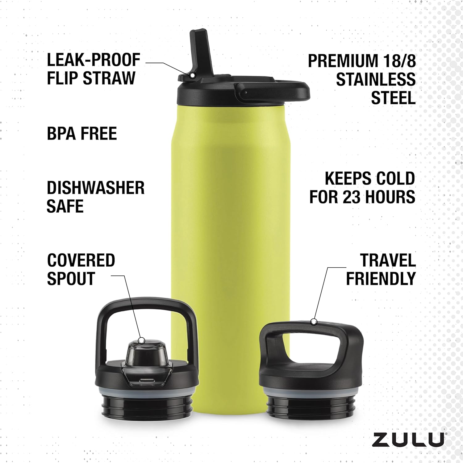 ZULU Base 32oz Stainless Steel Water Bottle with 3 Lids- Straw, Chug, Twist | Double Walled and Vacuum Insulated Metal Thermos | For Gym, Outdoor | Built in Carry Loop, Dishwasher Safe, Guac - Image 4