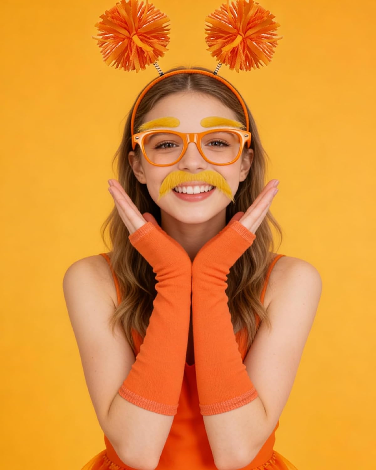 QLINLEAF Orange and Yellowe Tutu Costume Pom Pom Headband Mustache and Eyebrows Orange Furry Character Costume Set for Halloween Party Book Week - Image 4