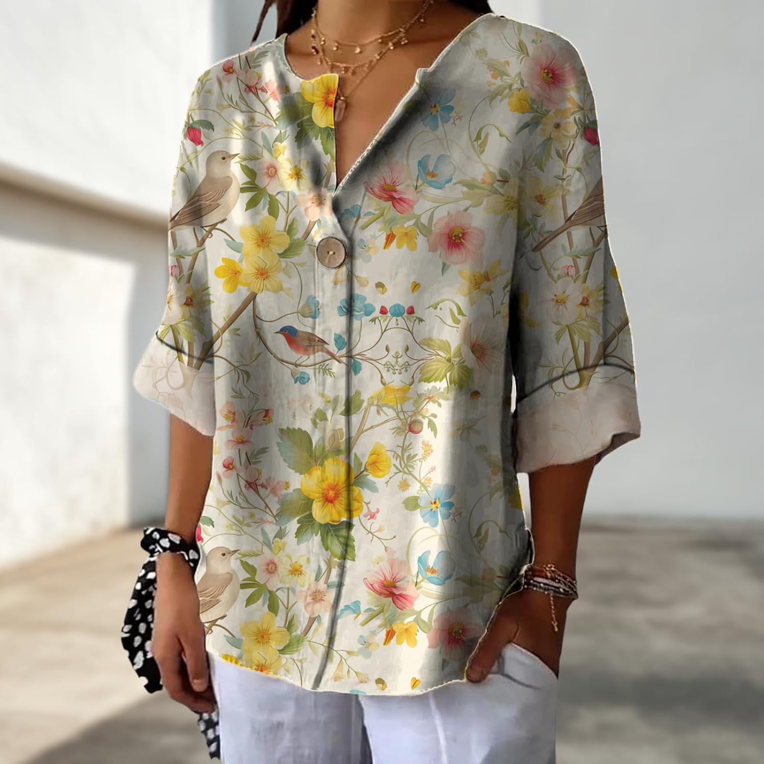 Workout Shirts for Women Loose Fit Floral Graphic Dry Fit V Neck Flowing Blouse Summer Ladies Casual Tops - Image 2