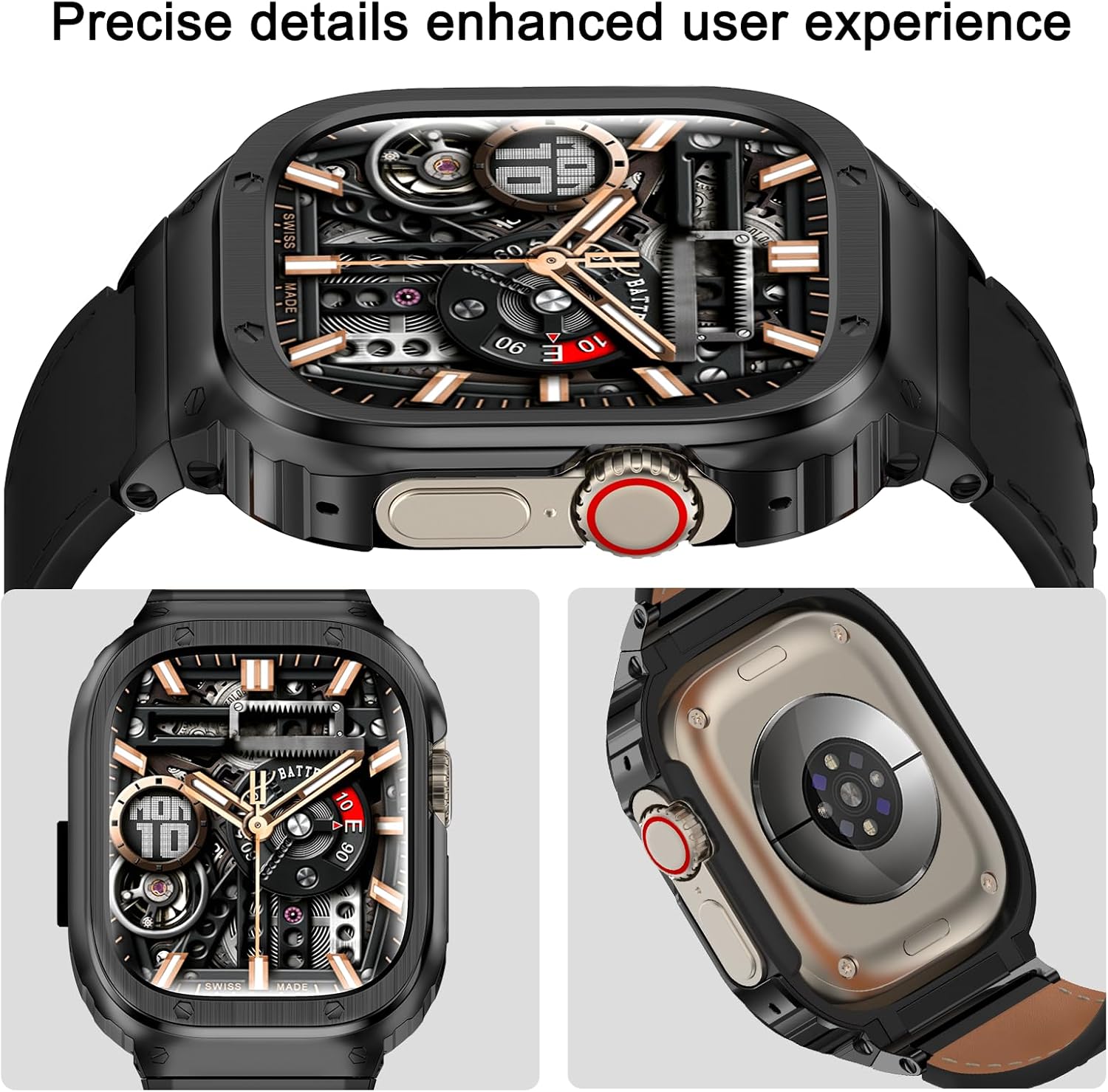 SUPLINK Leather Band with Stainless Steel Case for Apple Watch Ultra 3/2/1 & SE 3/2/1 & Series 11 10 9 8 7 6 5 4 3 2 1 49mm 46mm 45mm 44mm 42mm 41mm 40mm 38mm,Rugged Bumper for Men