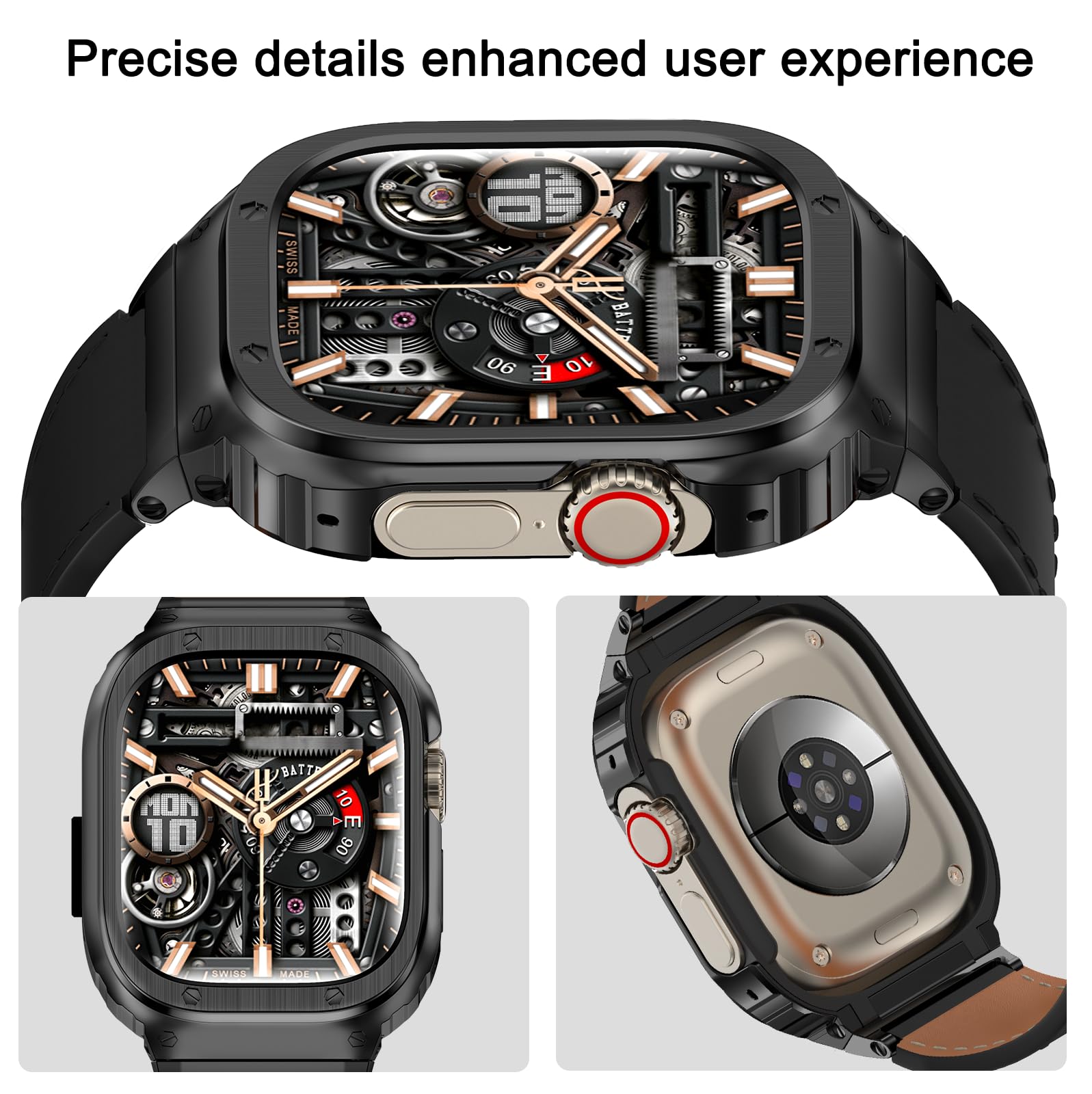 SUPLINK Metallgehäuse mit Leder Armband Kompatibel mit Apple Watch Armbänd 38/40/41/42/44/45/49mm, Robuste Edelstahl Schutzhülle Bumper Echtes Lederarmband für iWatch Ultra Series 9/8/7/6/5/4/3/2/1/SE