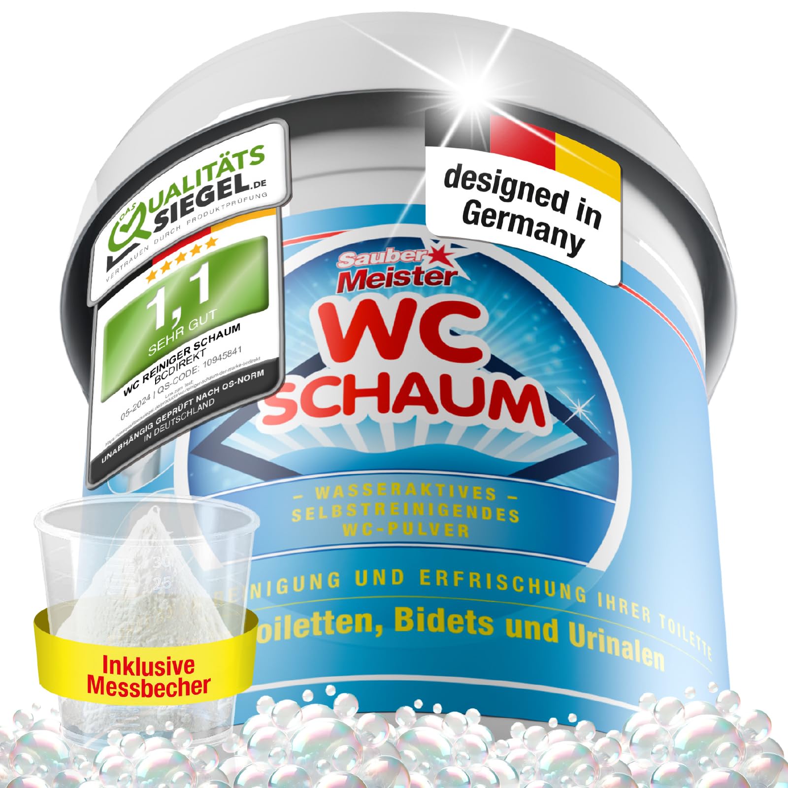 WC SCHAUMREINIGER PULVER – Extra starker WC Schaum für gründliche Sauberkeit – Kraftvoller WC-Reiniger gegen Kalk & Urinstein – Selbstreinigende Pulverform – 1000 g