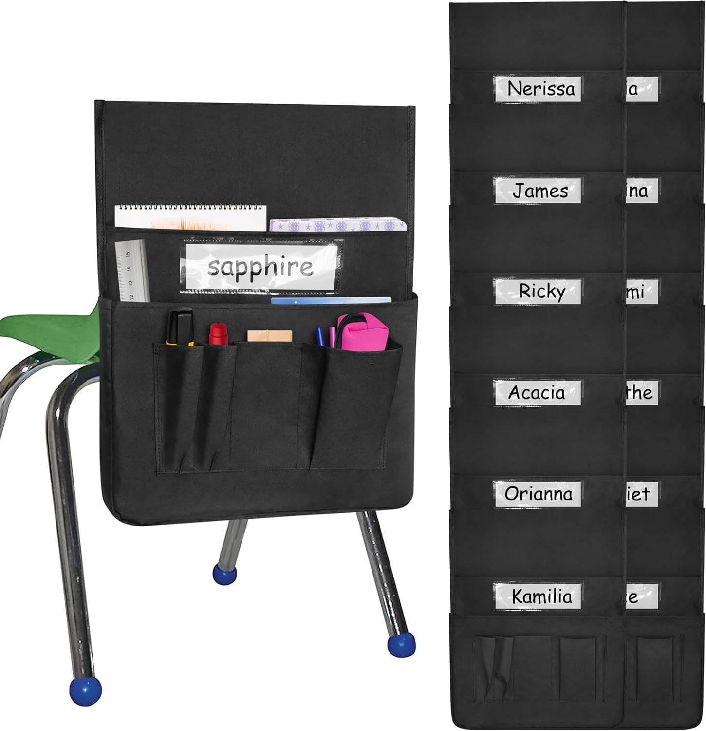Chair Pockets for Classroom 12 Pack 15 x 19 Inch Chairback Buddy Pocket Chart Seat Back Organizer Student Storage with Lable Slot for Classroom Kindergarten School Home (Black)