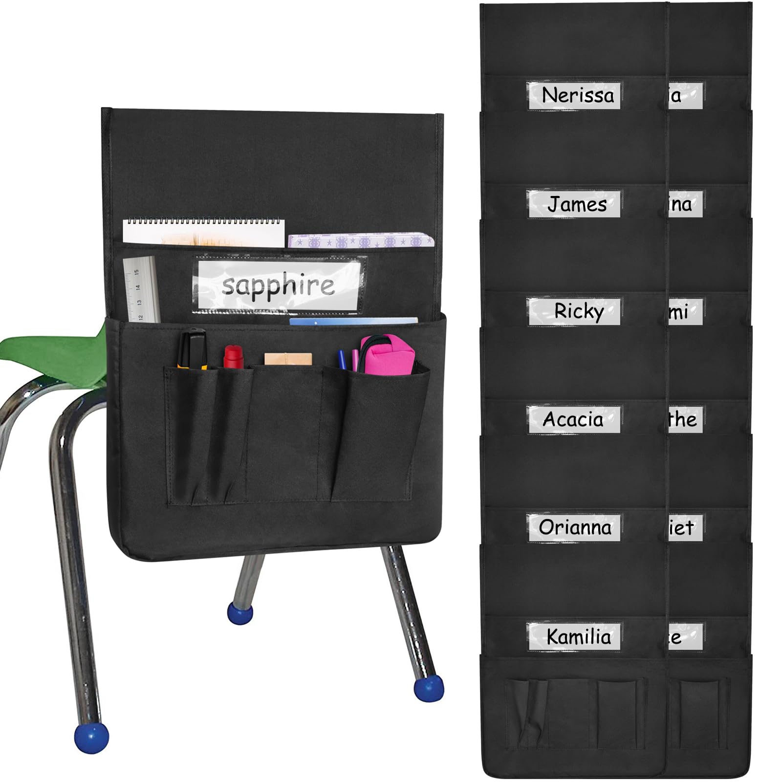 Photo 1 of RSUARSUA Chair Pockets for Classroom 12 Pack 15 x 19 Inch Chairback Buddy Pocket Chart Seat Back Organizer Student Storage with Lable Slot for Classroom Kindergarten School Home (Black)