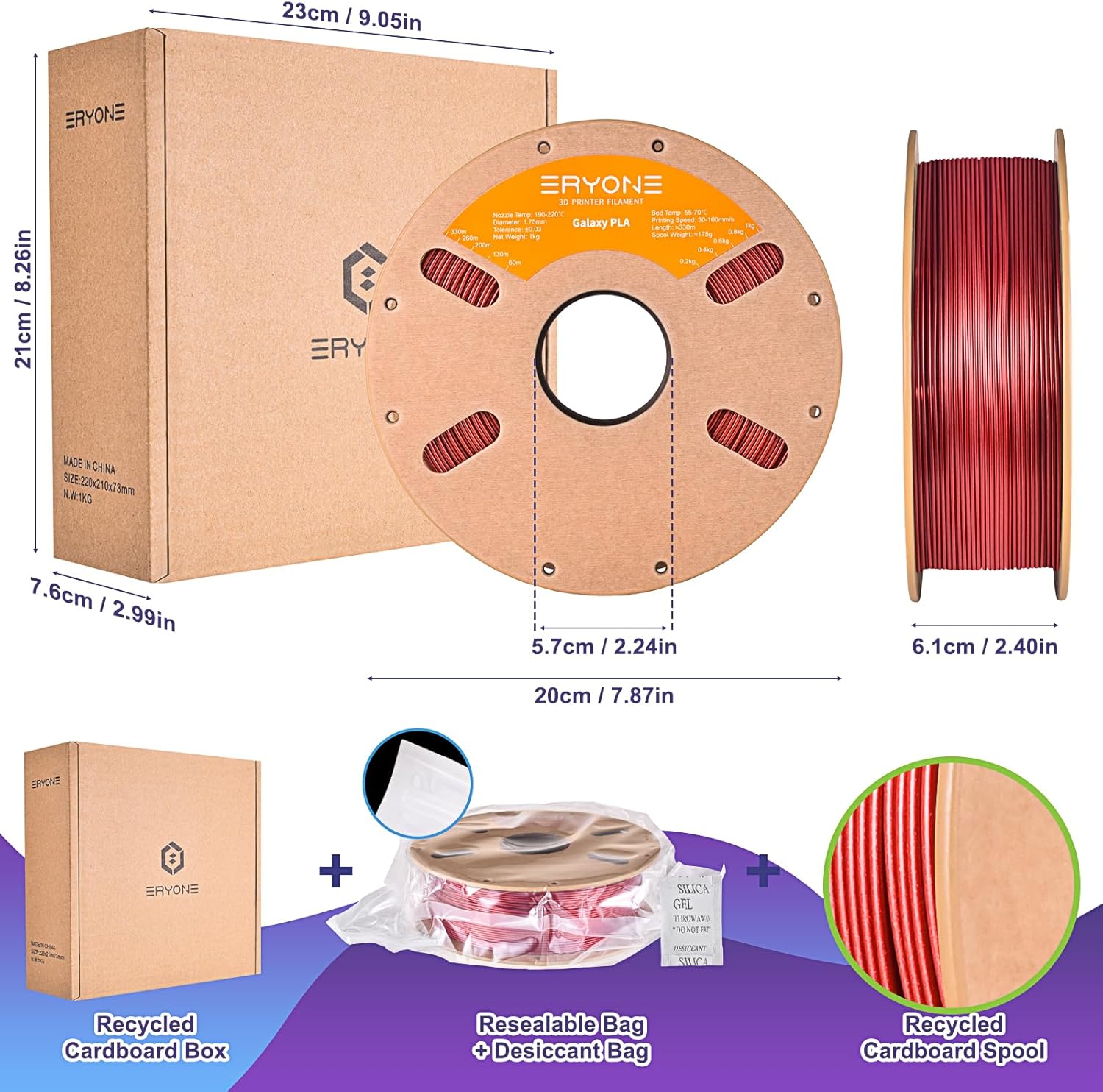 ERYONE Galaxy PLA 3D Printer Filament, Sparkle Glitter PLA, 1.75mm +/-0.03mm, 1kg(2.2LBS)/Spool, Christmas Filament, Galaxy Red