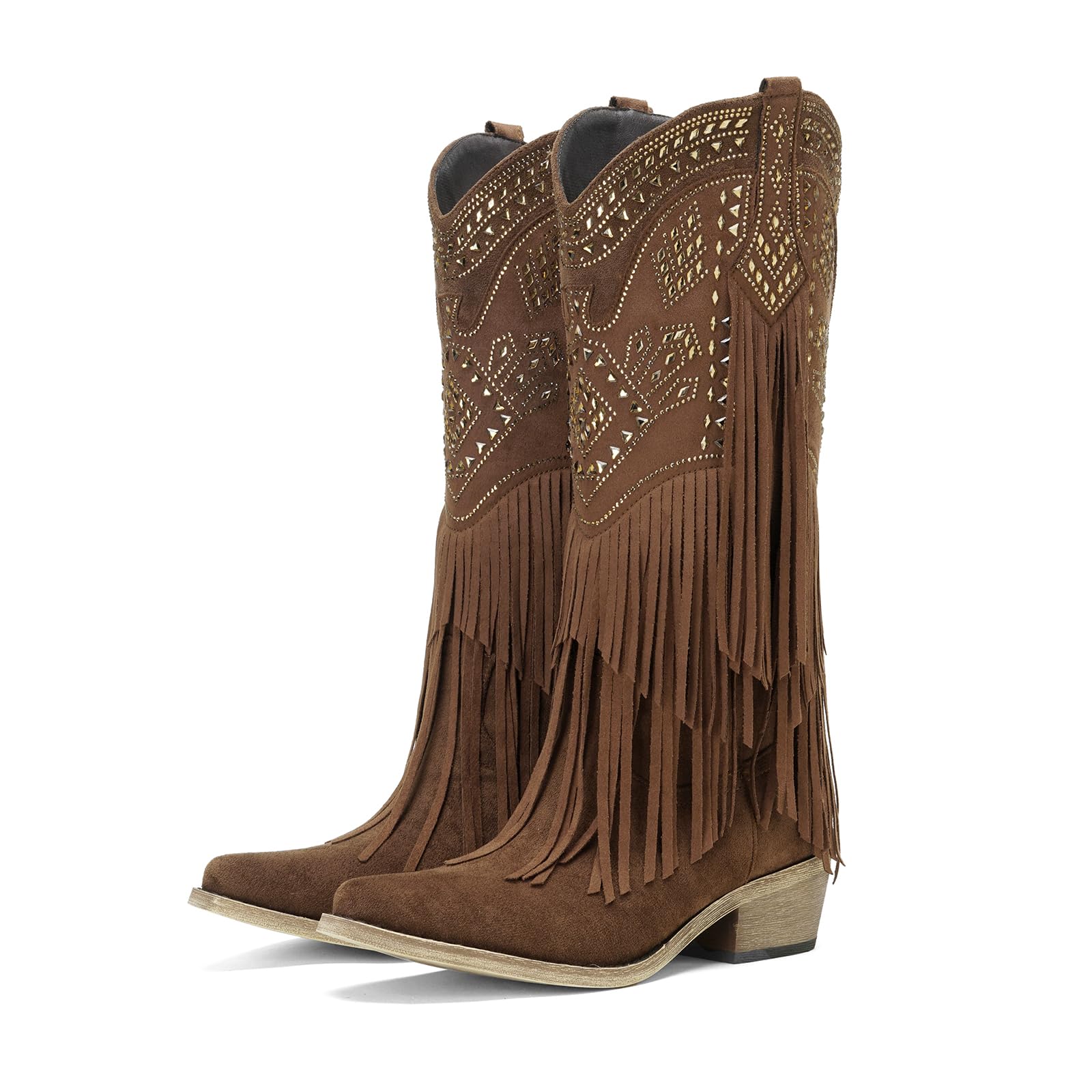 UTIKLIOU Cowboy Boots for Women Knee High Cowgirl Western Fringe Boots Rhinestone Chunky Heel Pointed Toe