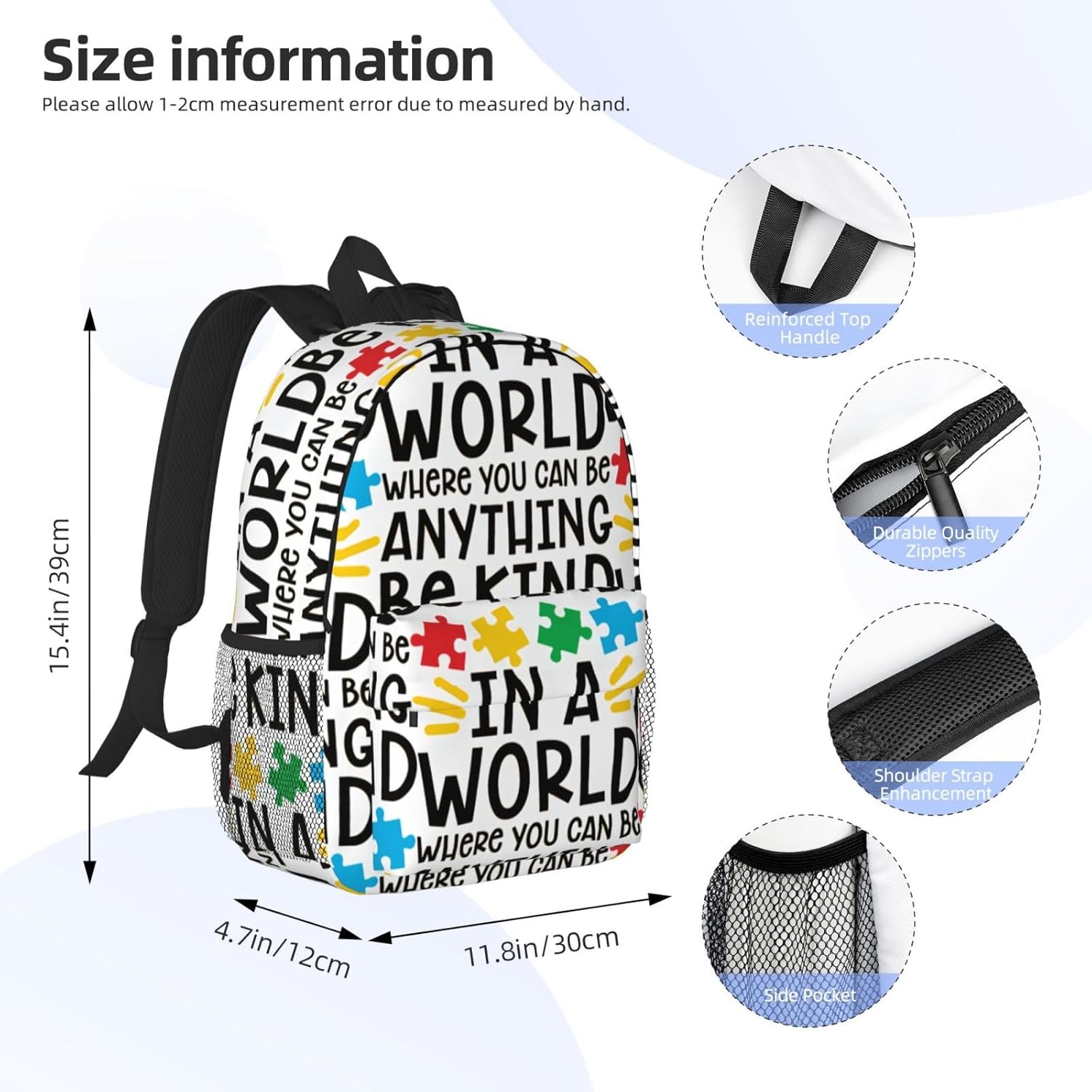 ASYG Autism Bag Autism Awareness Backpack High Capacity Laptop Backpack Travel Hiking Camping Daypack
